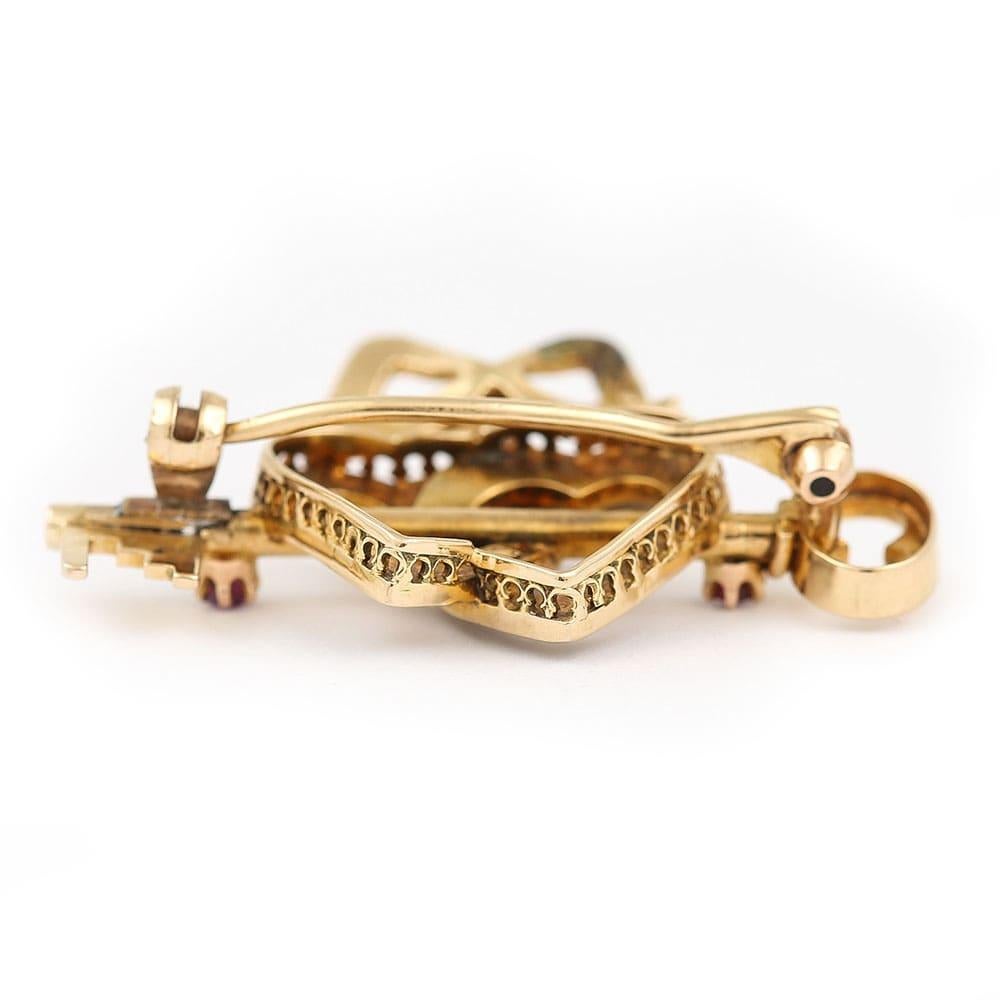 Victorian 15 Karat Gold Pearl Dual Sweet Heart, Ruby Key and Diamond Bow Brooch 1