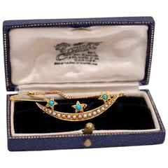 Victorian 15 Karat Gold Pearl Turquoise Moon Crest Star Brooch with Antique Box