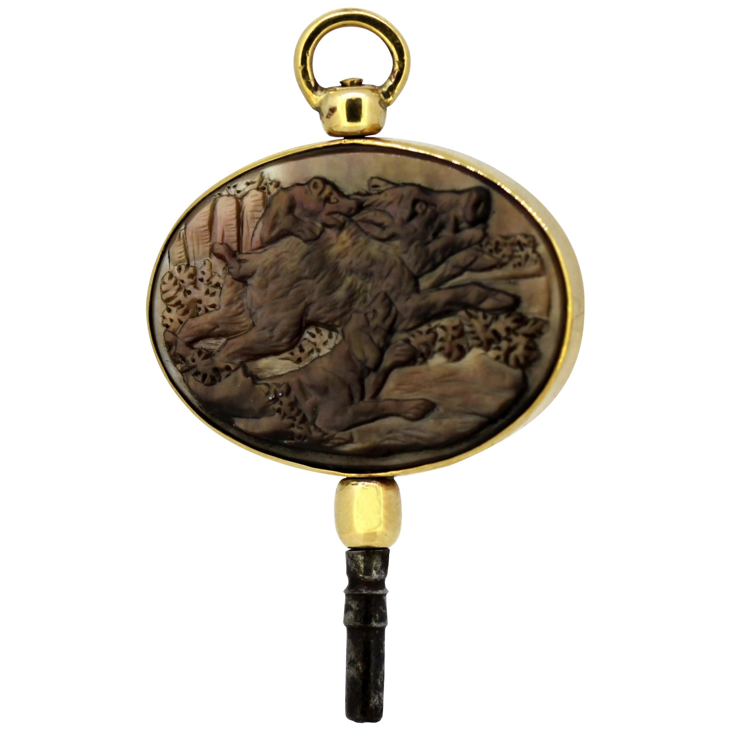 Victorian 15 Karat Gold Pocket Watch Key/Pendant with Mother of Pearl Carving