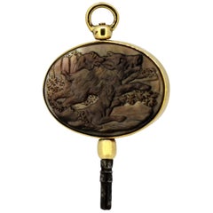 Victorian 15 Karat Gold Pocket Watch Key/Pendant with Mother of Pearl Carving