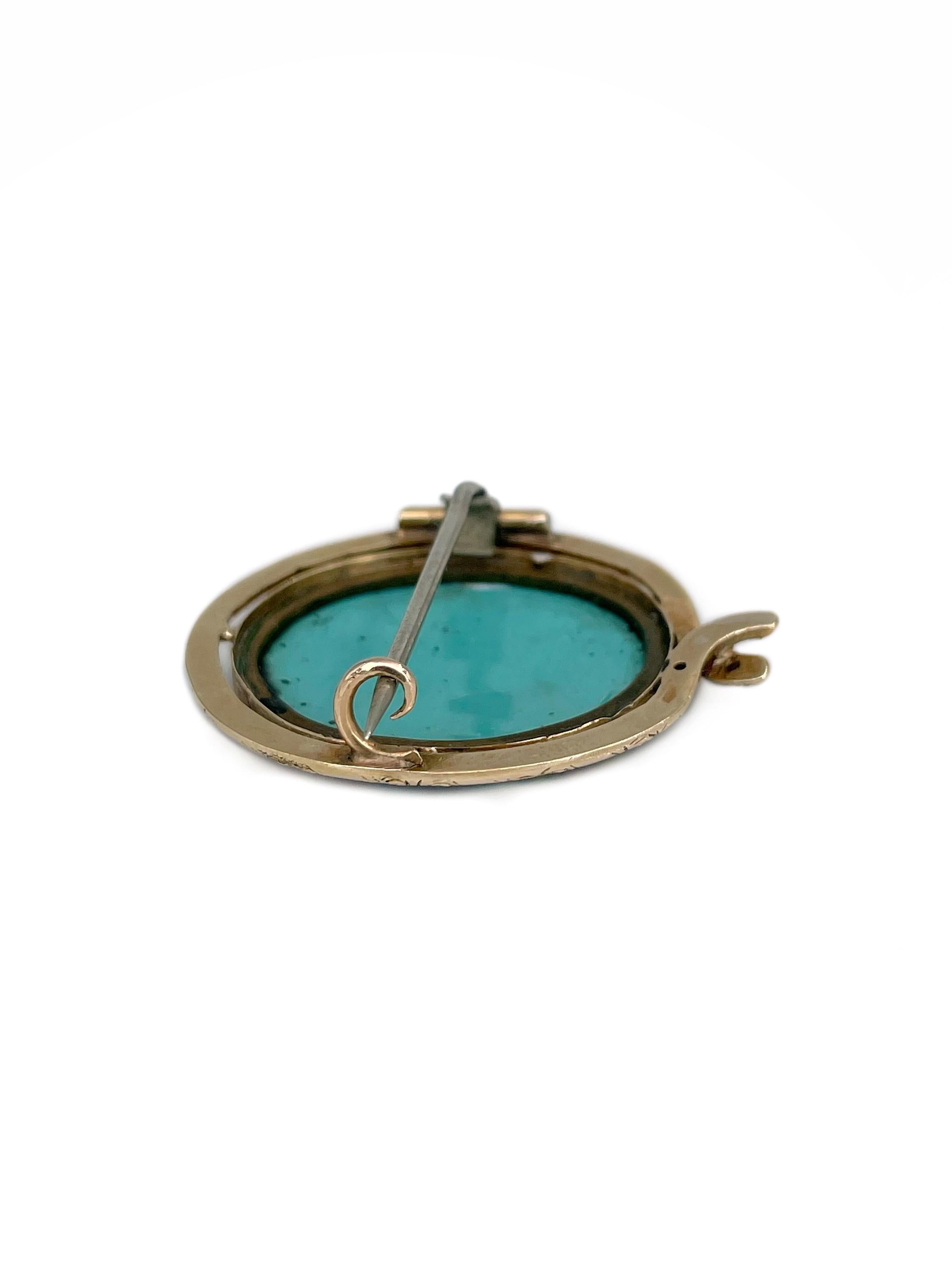 Broche oval victoriano de porcelana dorada de 15 quilates con retrato en miniatura de dama en Bueno estado para la venta en Vilnius, Vilniaus apskr.