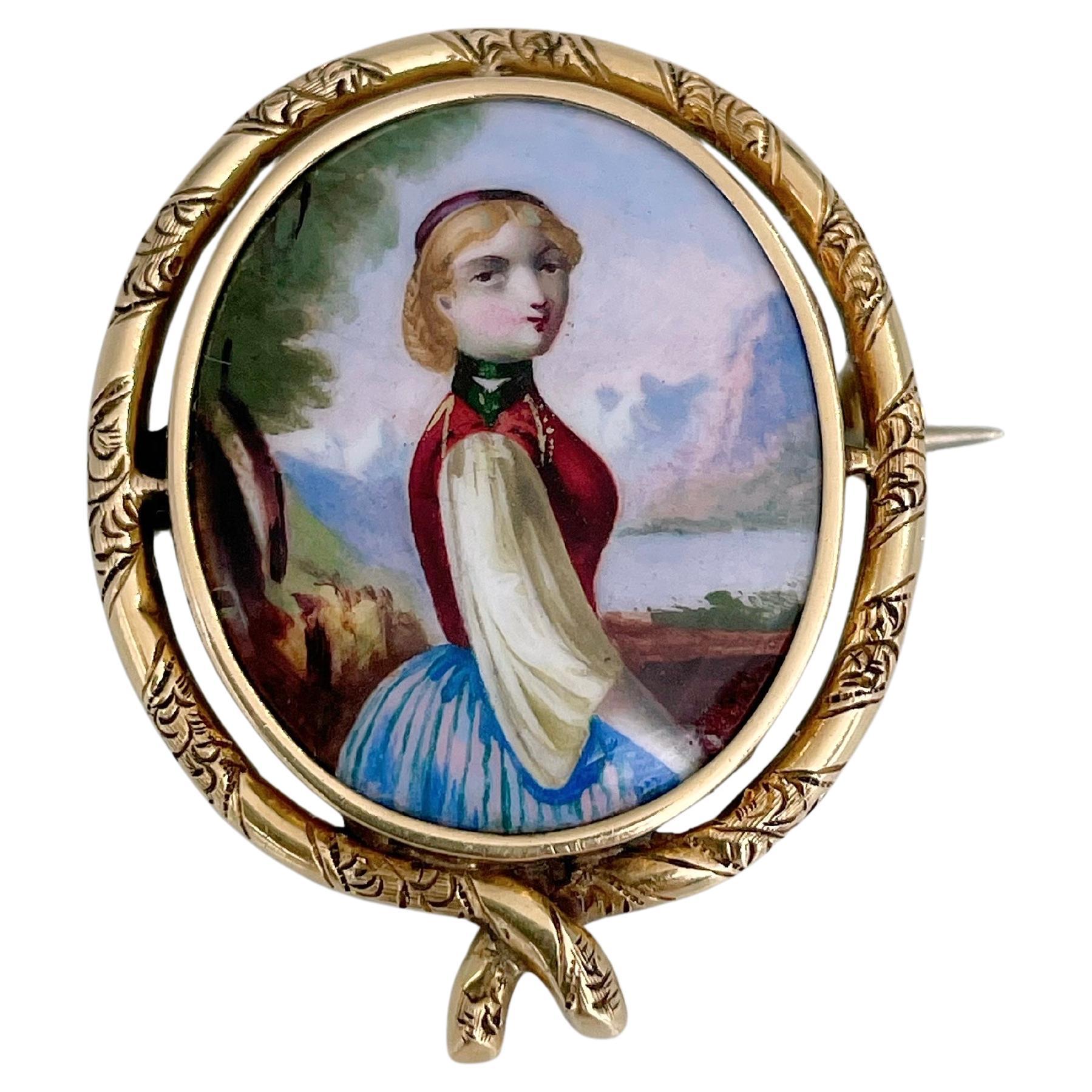 Victorian 15 Karat Gold Porcelain Lady Miniature Portrait Oval Pin Brooch