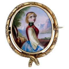 Victorian 15 Karat Gold Porcelain Lady Miniature Portrait Oval Pin Brooch