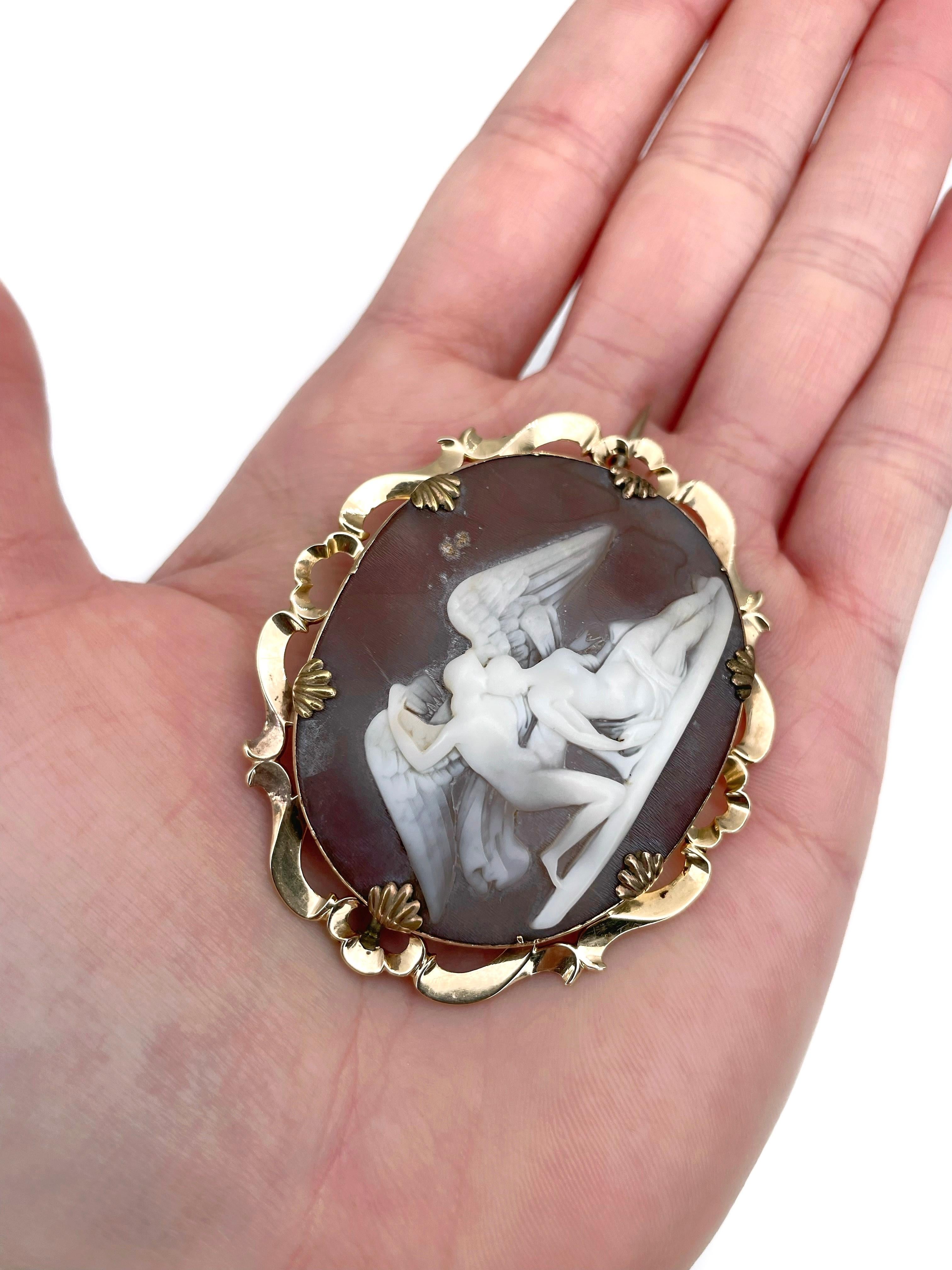 This is a Victorian oval pin brooch crafted in 15K gold. Circa 1870. 

The piece features a shell cameo depicting Psyche and Cupid.

Weight: 15.99g
Size: 5.5x5cm

IMPORTANT: As a buyer, you are fully responsible for the customs duties, other local