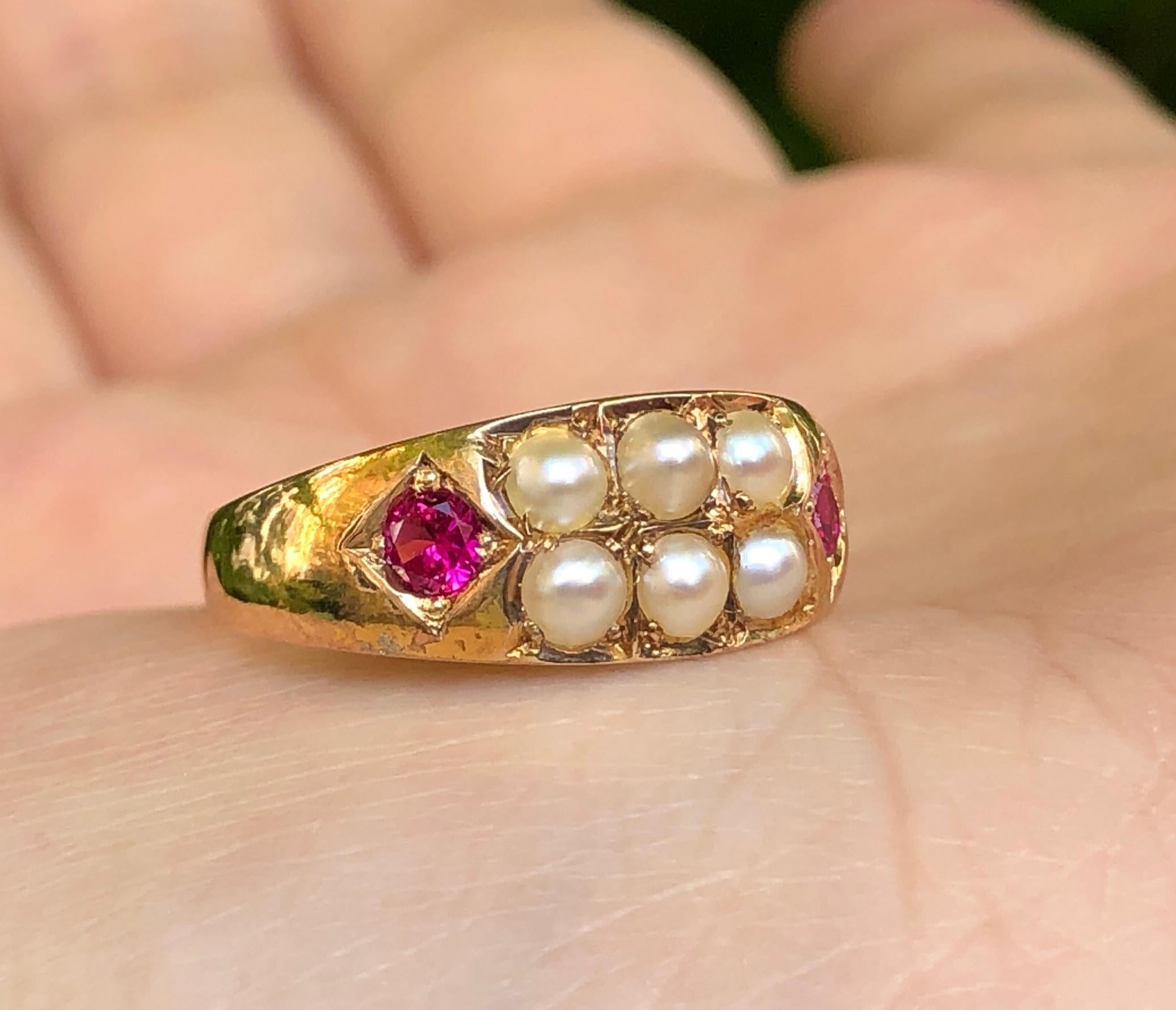 Round Cut Victorian 15 Karat Gold Ruby and Pearl Antique Ring