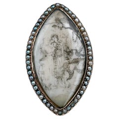 Bague victorienne en or 15 carats perles de rocaille Miniature peinture Navette