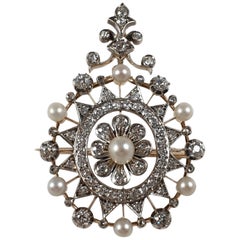 Antique Victorian 15 Karat Gold, Silver, Diamond, and Pearl Pendant Brooch, circa 1880