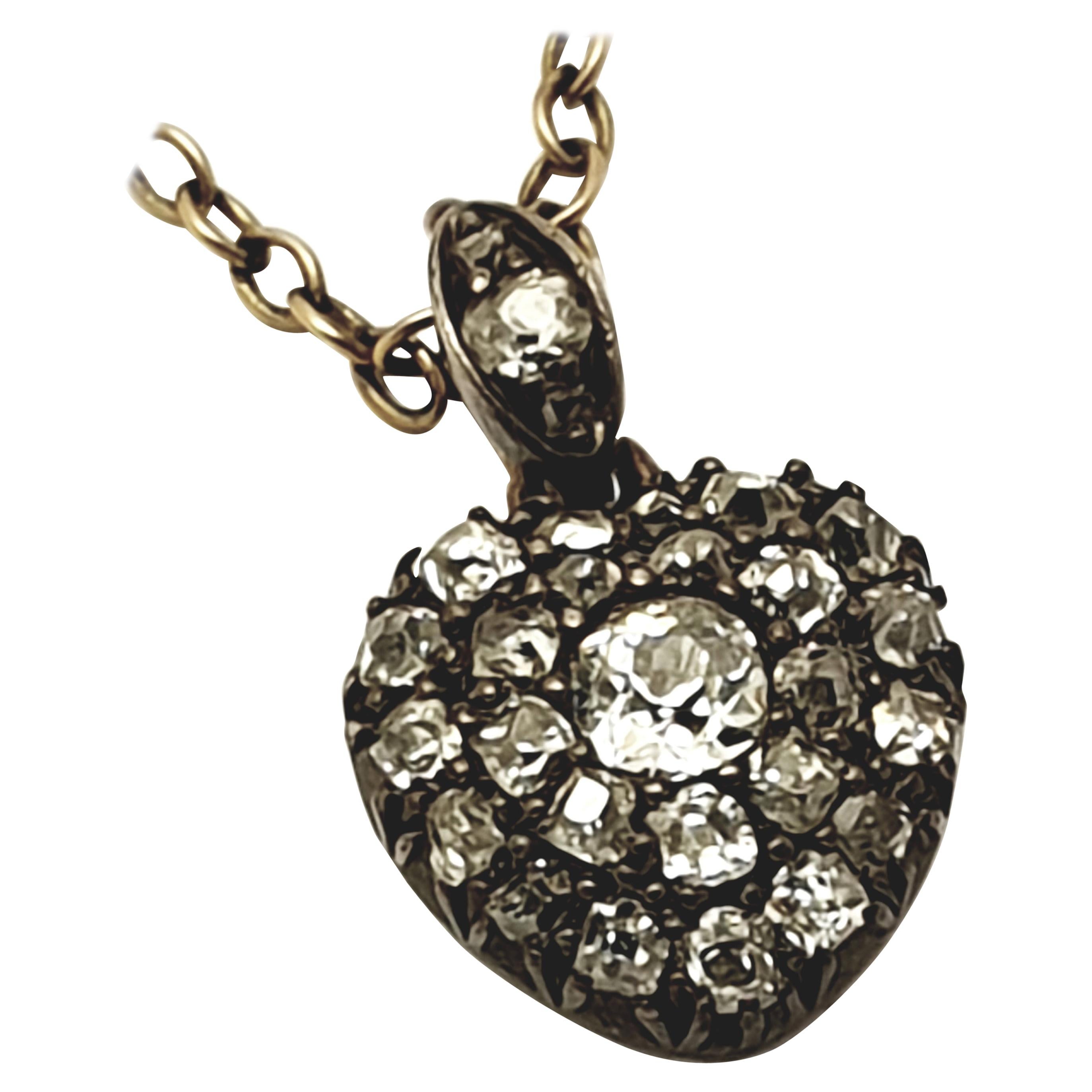 Victorian 15 Karat Gold Silver Old Mine Cut Diamond Heart Pendant Necklace