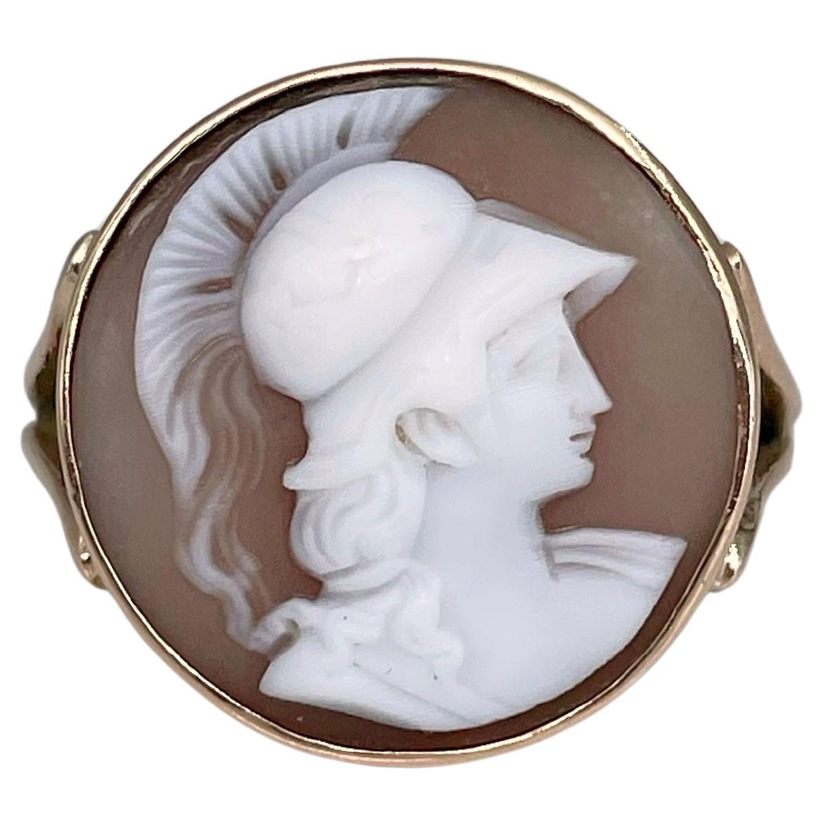 Victorian 15 Karat Gold Warrior Profile Shell Cameo Round Signet Ring