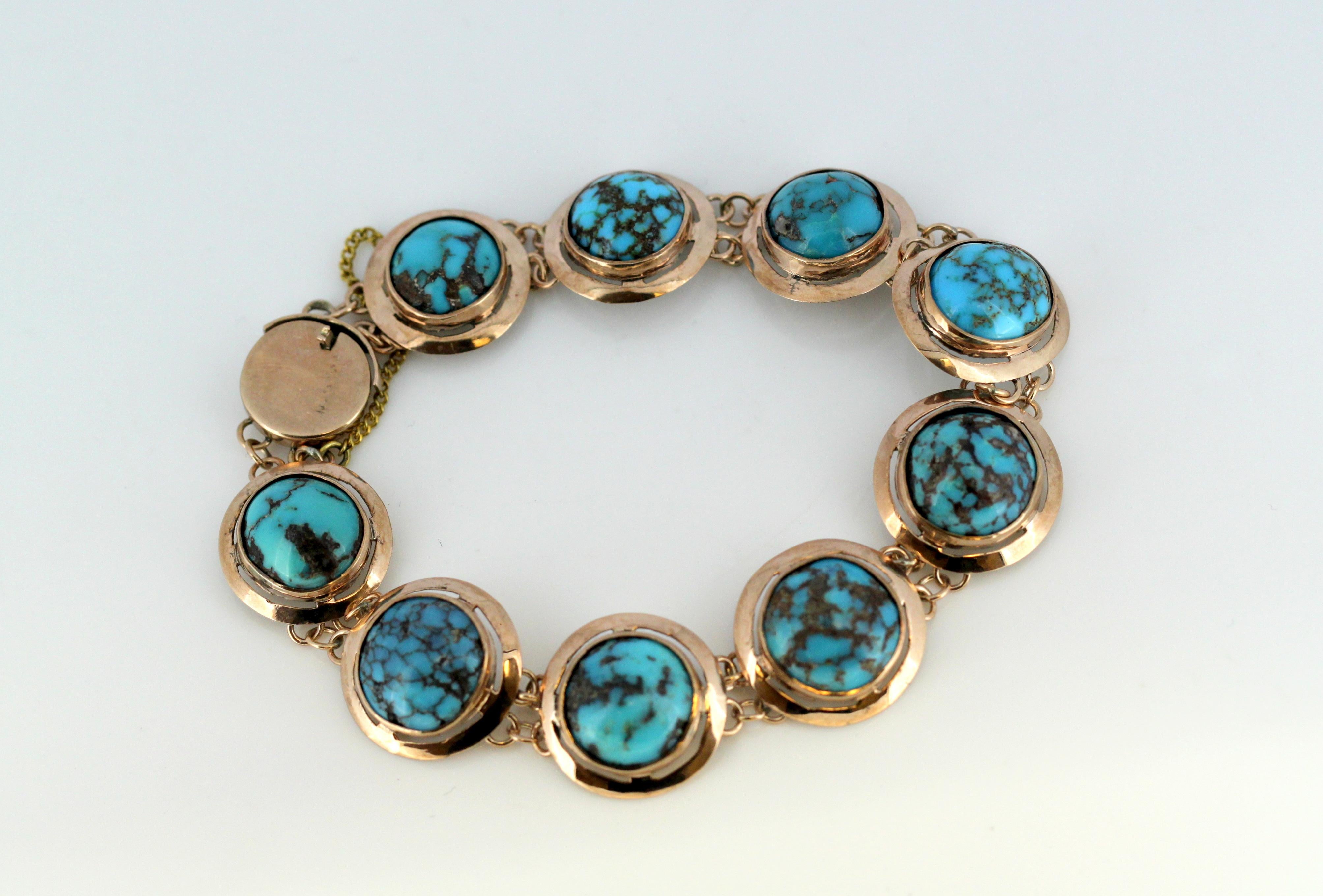 Antique Victorian 15k rose gold ladies bracelet with natural turquoise beads. 
Made in England Circa 1880. 

Approx Dimensions - 
Length x Width x Depth : 19 x 1.7 x 0.6 cm 
Weight : 17 grams 

Turquoise - 
Approximate Bead Size : 6 CT 
Number of