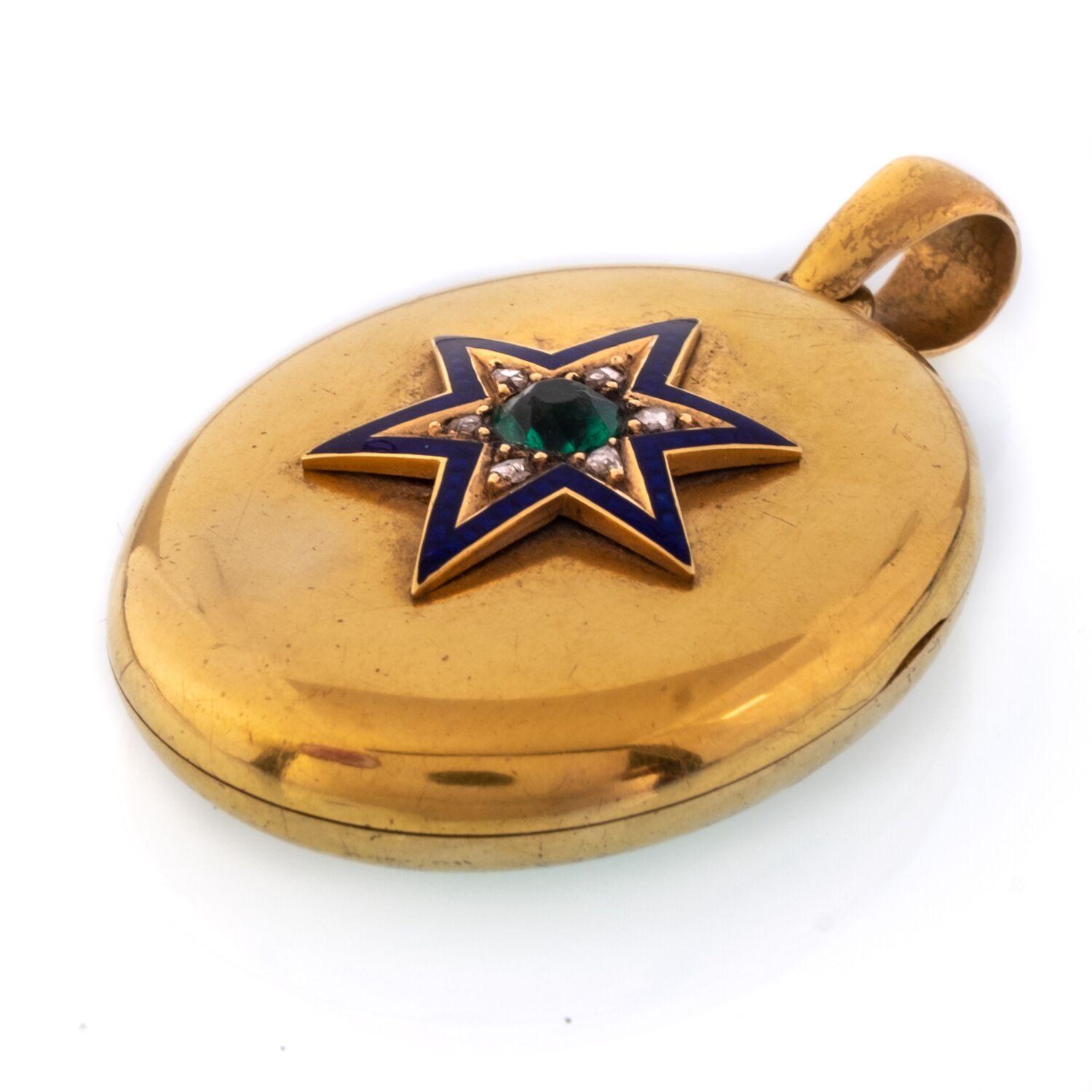 Victorian 15 Karat Yellow Gold Blue Enamel, Diamond, and Emerald Star Locket c.1880s