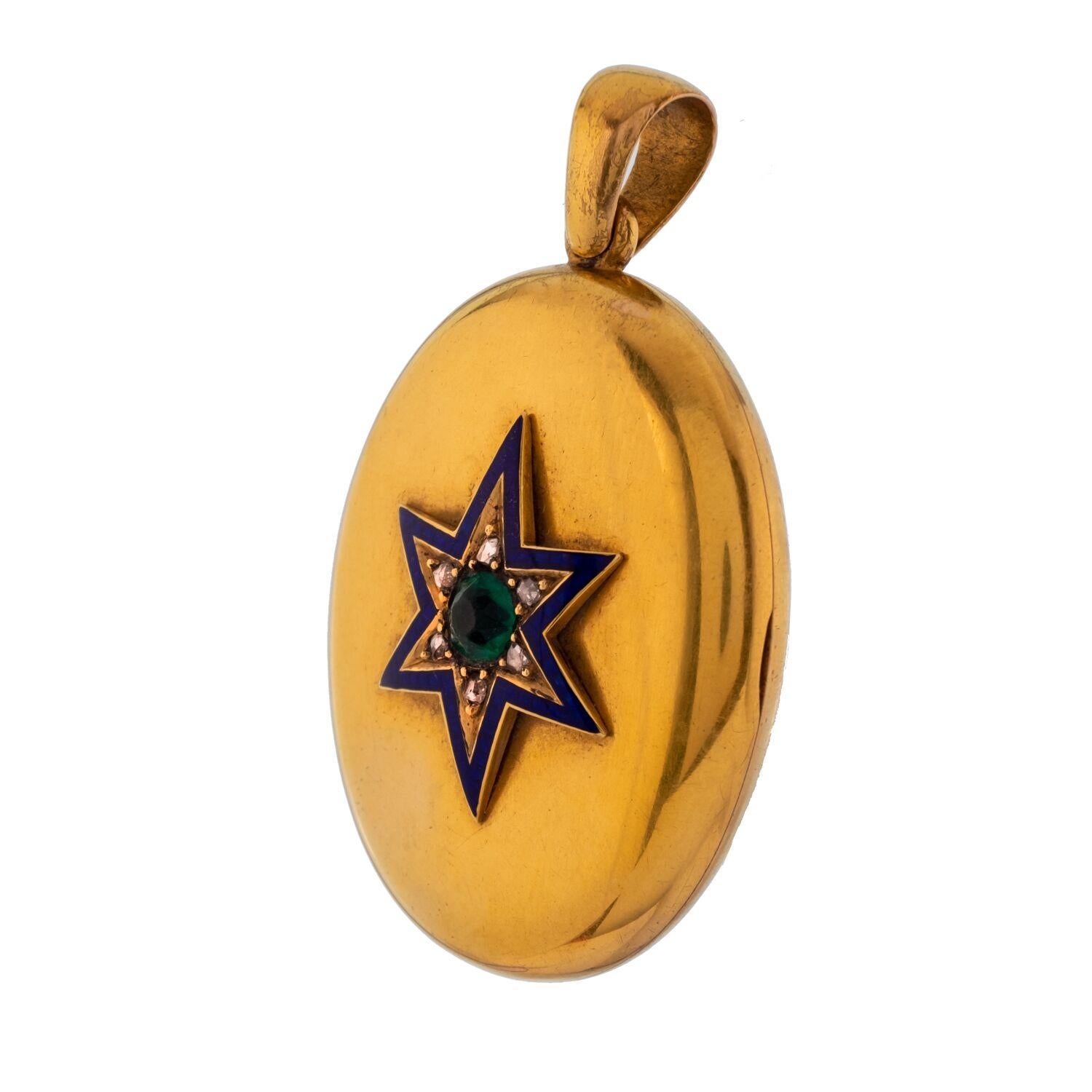 Women's or Men's Victorian 15 Karat Yellow Gold Blue Enamel, Diamond, and Emerald Star Locket