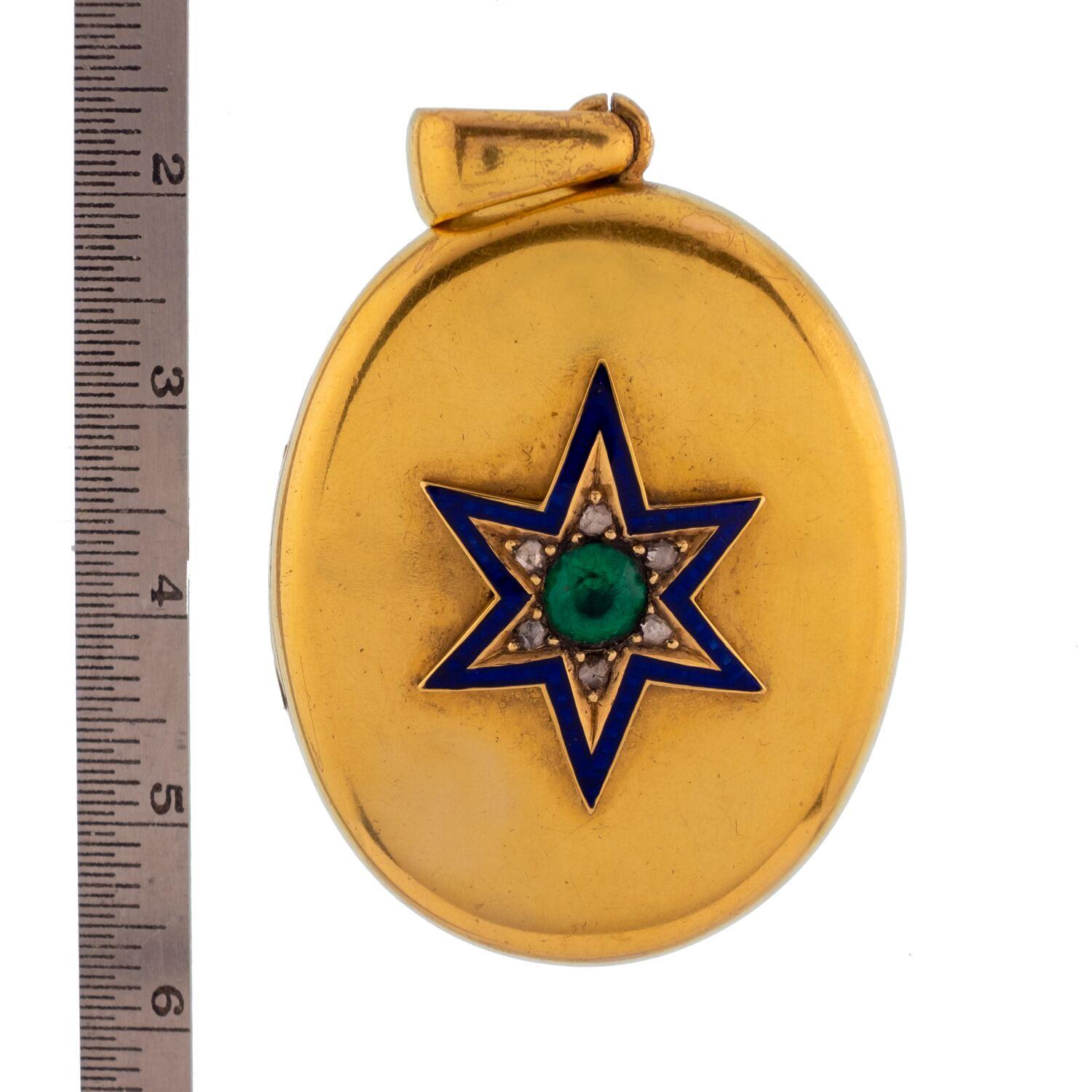 Victorian 15 Karat Yellow Gold Blue Enamel, Diamond, and Emerald Star Locket 1