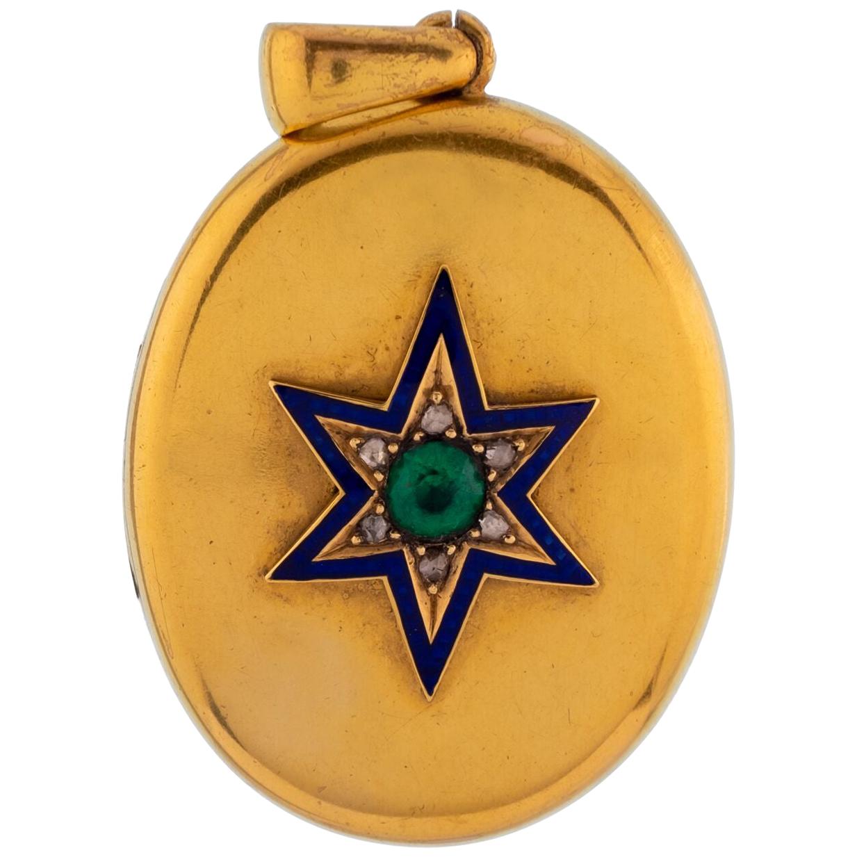 Victorian 15 Karat Yellow Gold Blue Enamel, Diamond, and Emerald Star Locket