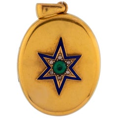 Victorian 15 Karat Yellow Gold Blue Enamel, Diamond, and Emerald Star Locket