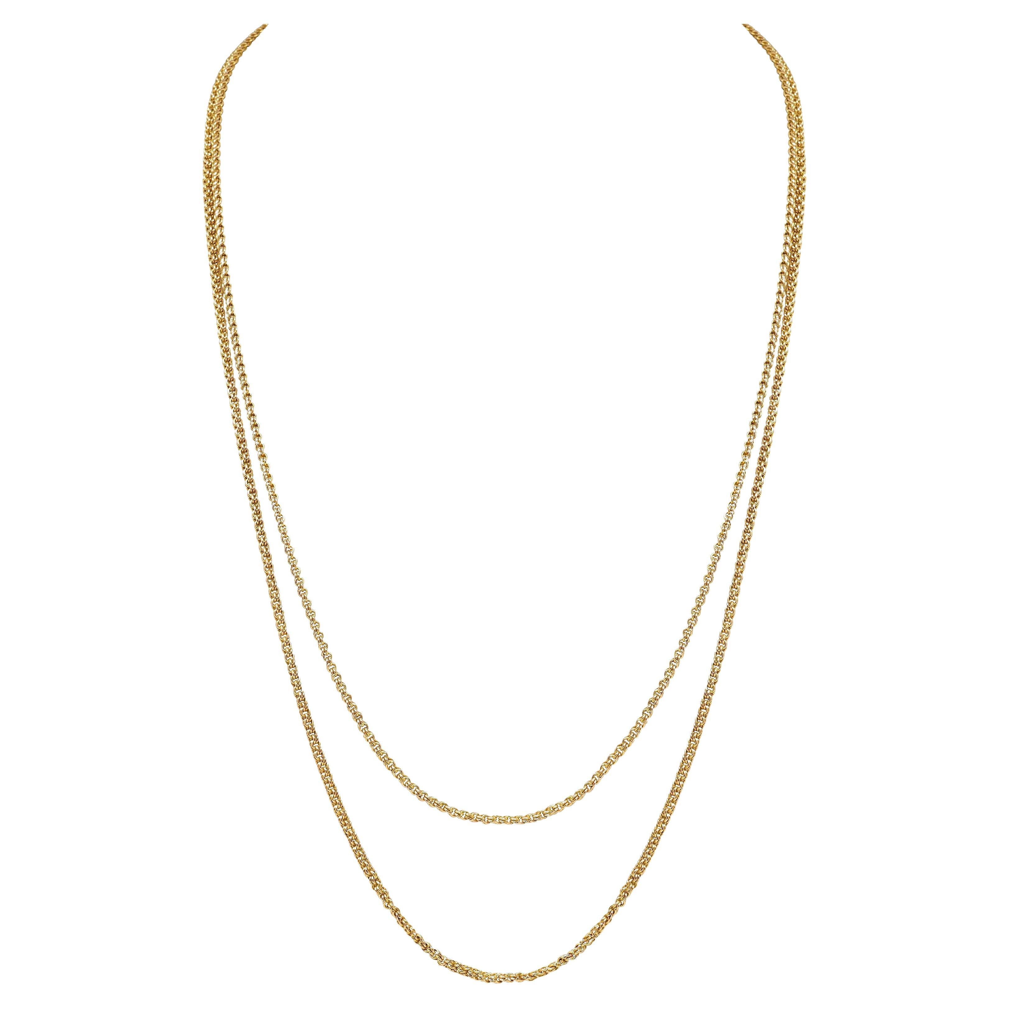 Victorian 15 Karat Yellow Gold Double Curb Link 60" Long Antique Chain Necklace For Sale