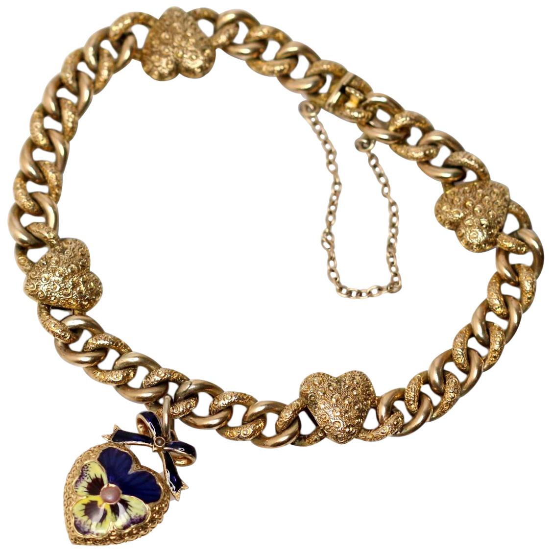 Victorian 15 Karat Yellow Gold & Enamel Pansy Bracelet