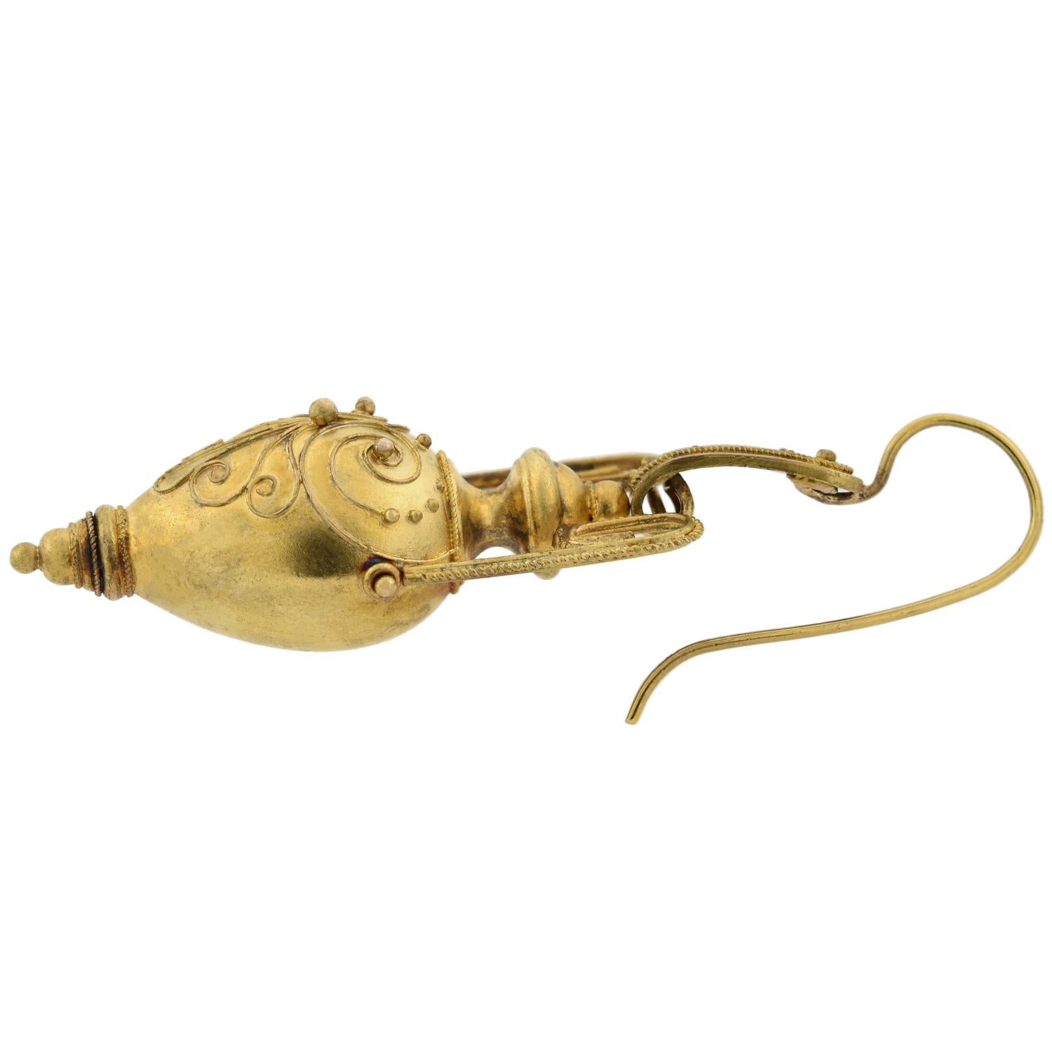 Women's Victorian 15 Karat Yellow Gold Etruscan Hanging Gold Urn Earrings For Sale