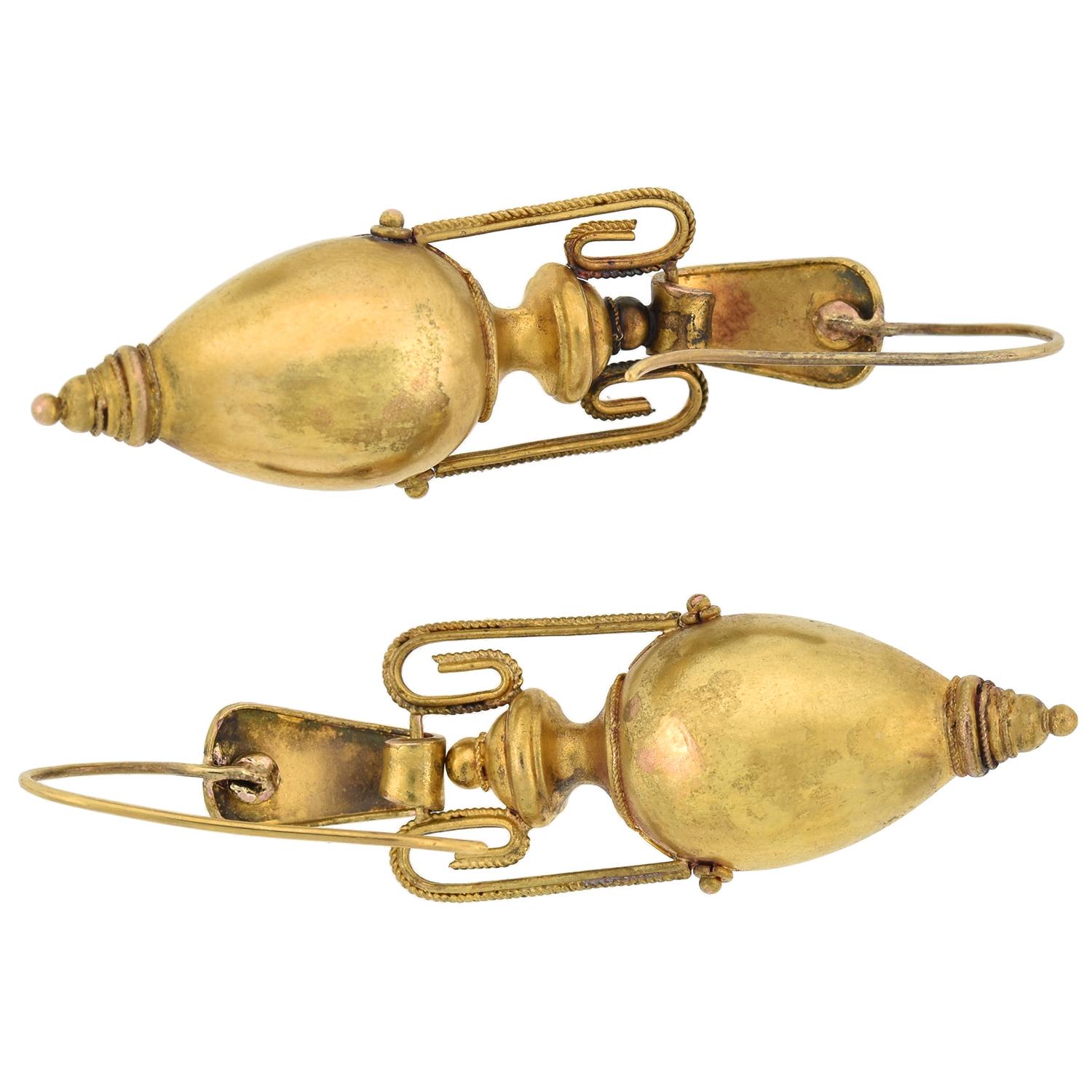 Victorian 15 Karat Yellow Gold Etruscan Hanging Gold Urn Earrings For Sale 1
