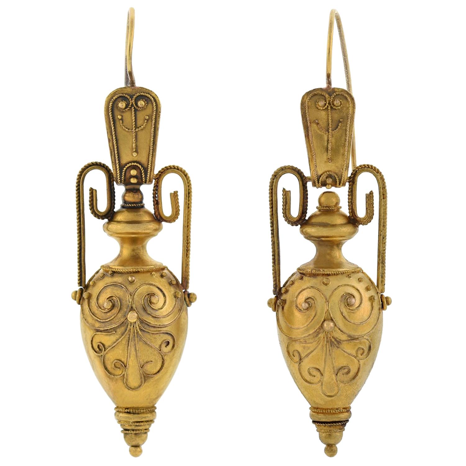 Victorian 15 Karat Yellow Gold Etruscan Hanging Gold Urn Earrings