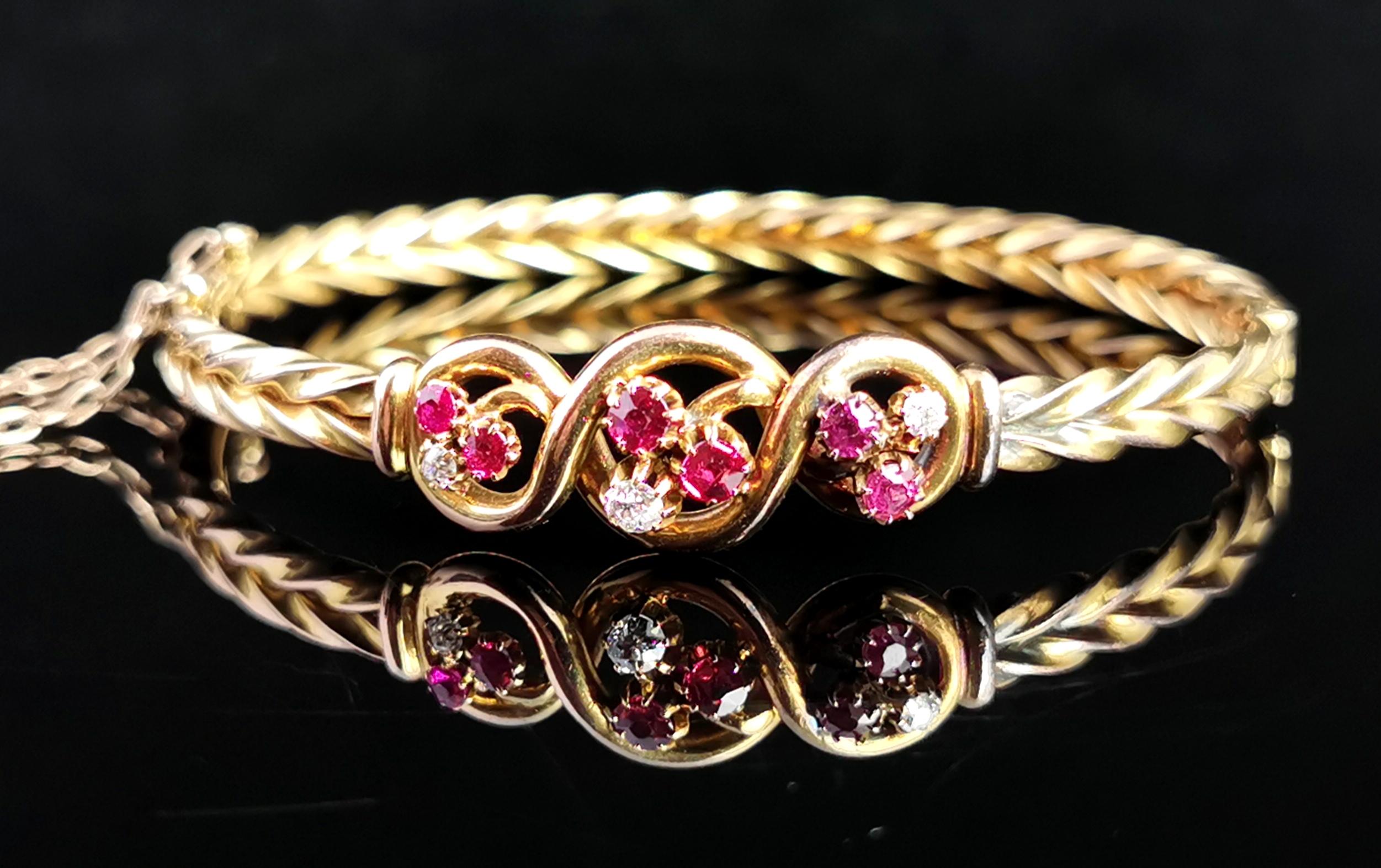 Victorian 15 Karat Yellow Gold Ruby and Diamond Shamrock Bangle 3