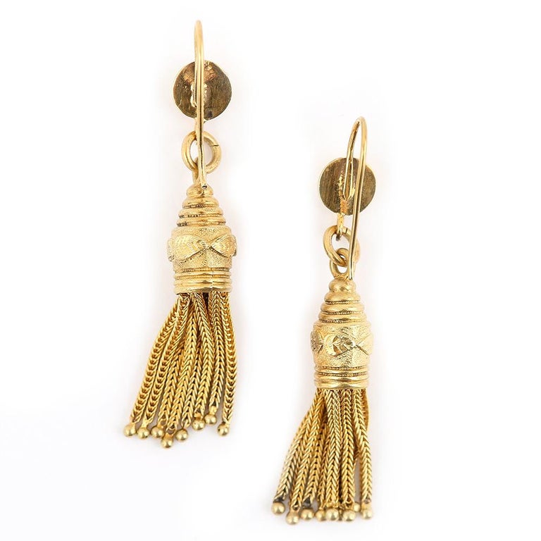 Victorian 15 Karat Yellow Gold Tassel Drop Earrings, circa 1860 at 1stDibs