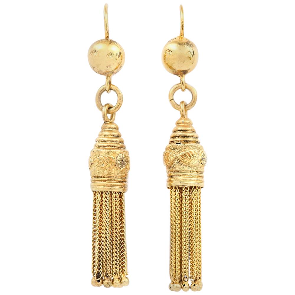 Victorian 15 Karat Yellow Gold Tassel Drop Earrings, circa 1860