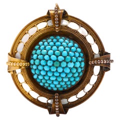 Victorian 15 Karat Yellow Gold Turquoise and White Enamel Round Dome Brooch 