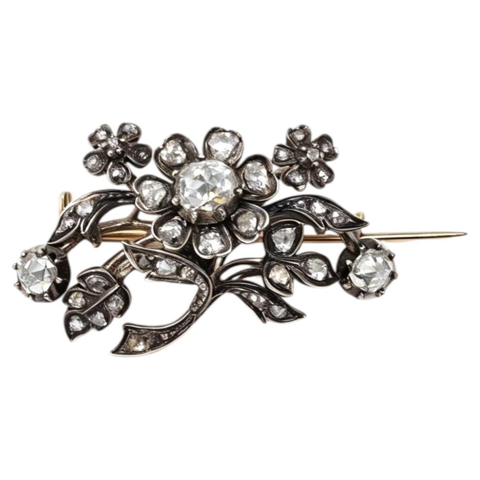 Victorian 1.50 Carat Diamond Gold Floral Brooch