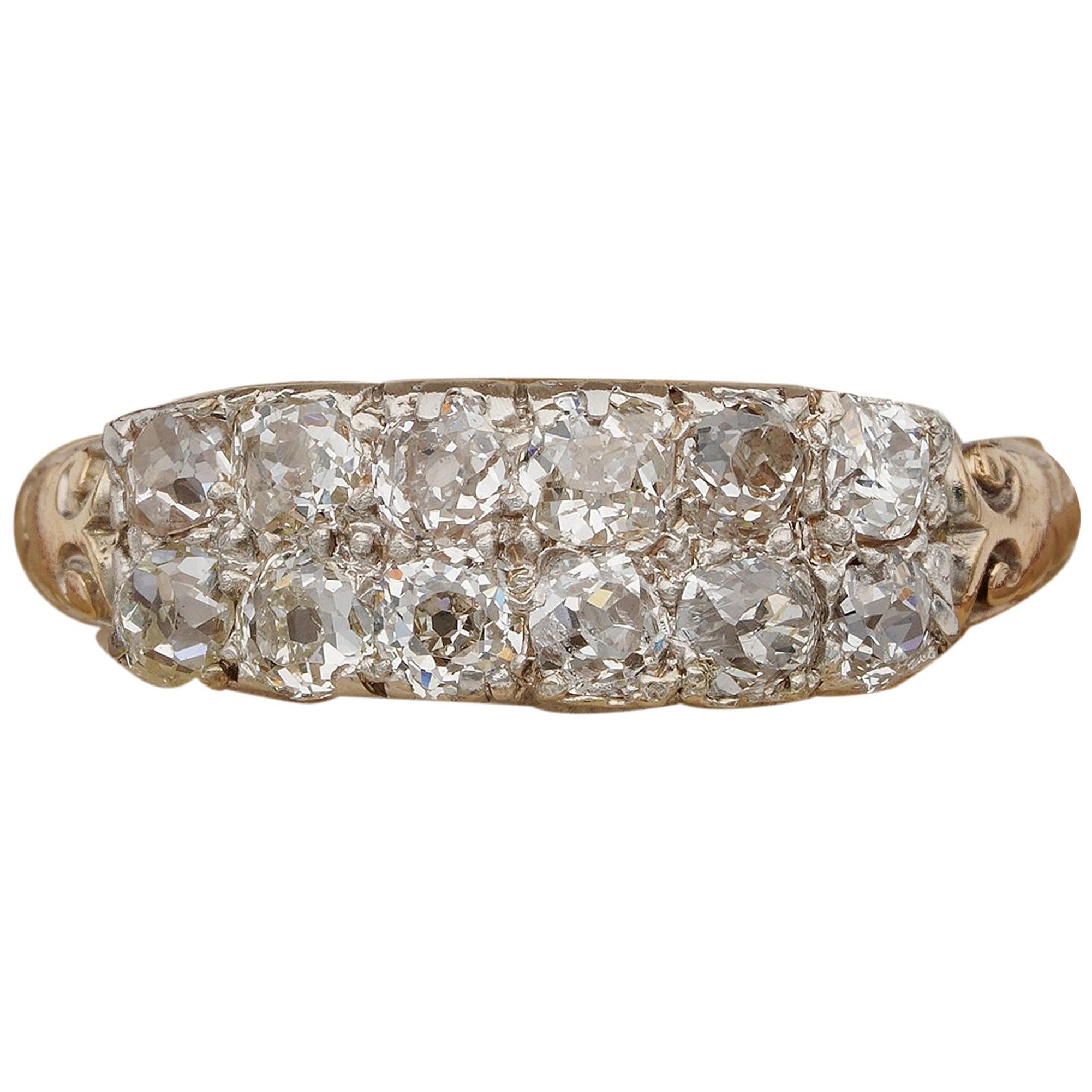 Victorian 1.50 Carat Old Mine Diamond Double Row 18 Karat Silver Rare Ring For Sale
