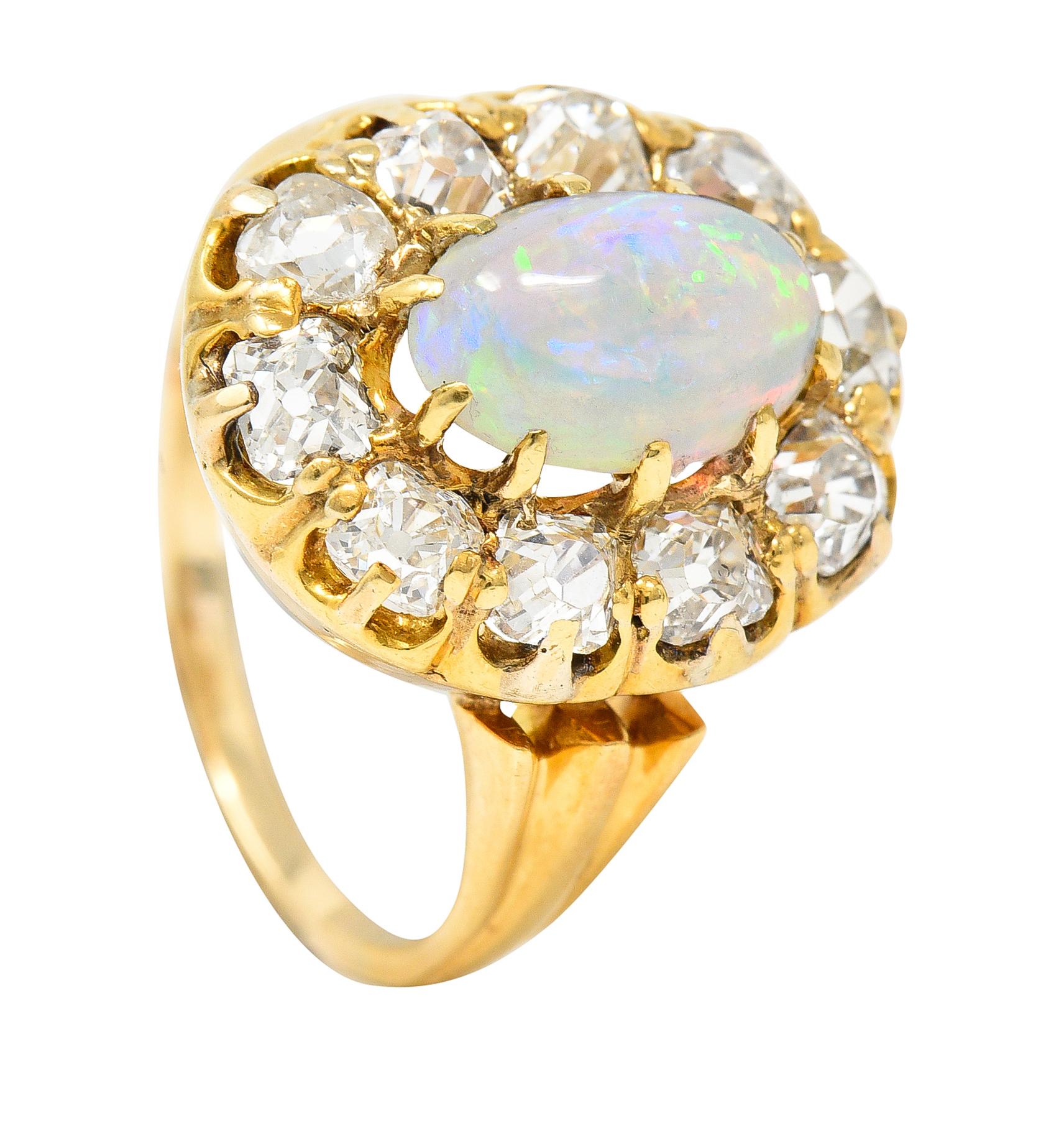 Victorian 1.50 Carats Old Mine Cut Diamond Opal 14 Karat Gold Antique Ring 4