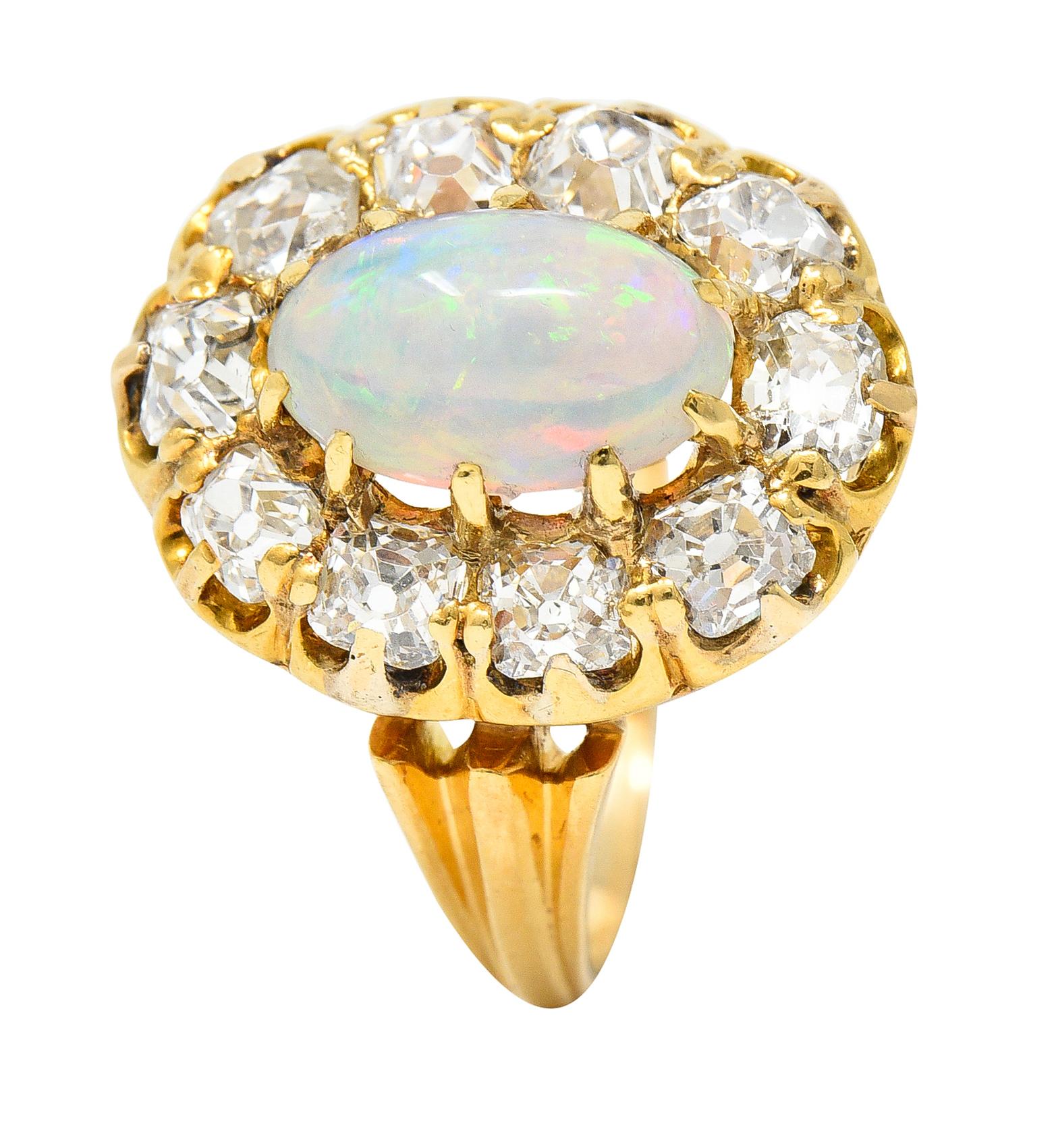 Victorian 1.50 Carats Old Mine Cut Diamond Opal 14 Karat Gold Antique Ring In Excellent Condition In Philadelphia, PA