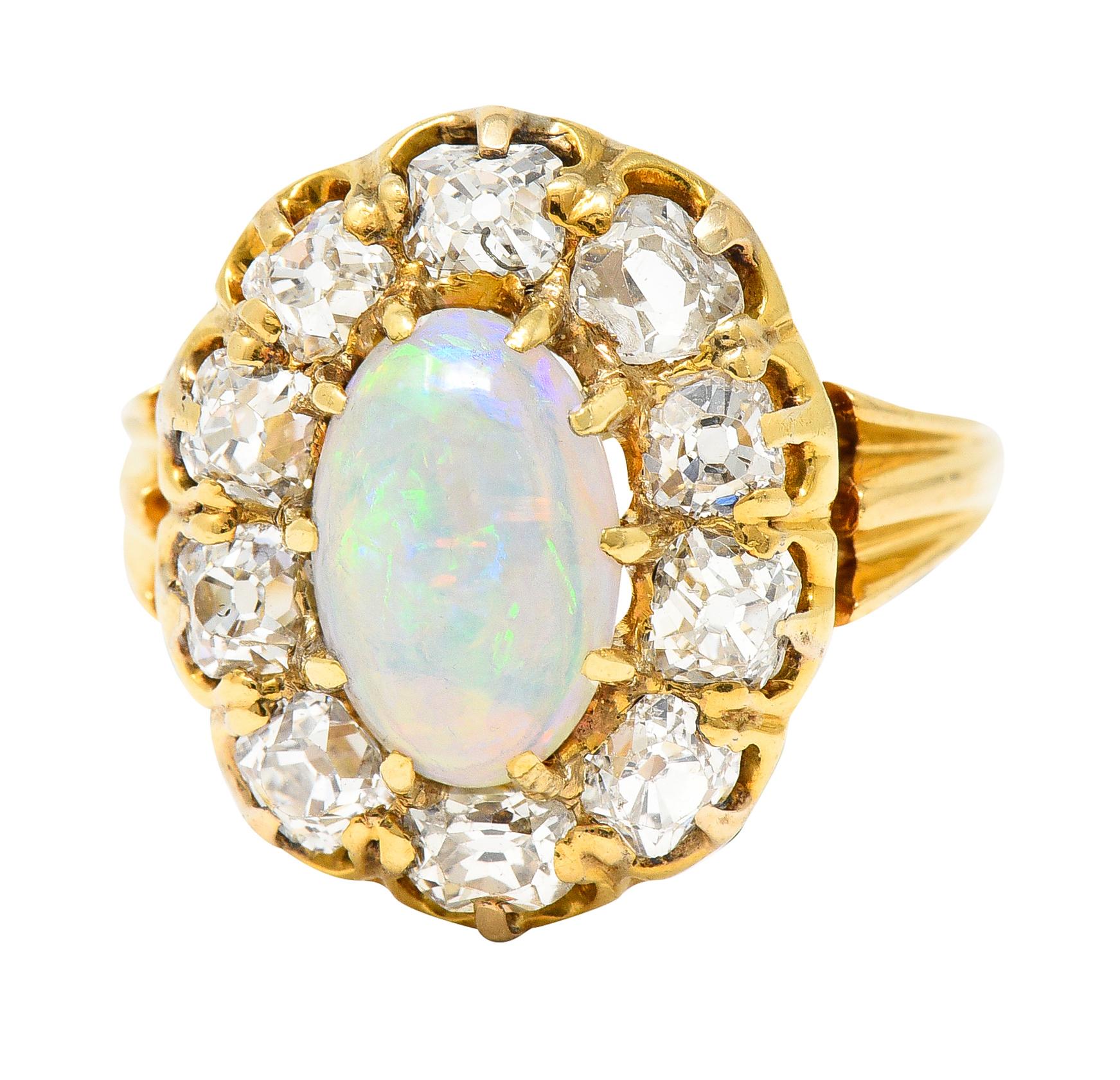 Victorian 1.50 Carats Old Mine Cut Diamond Opal 14 Karat Gold Antique Ring 1