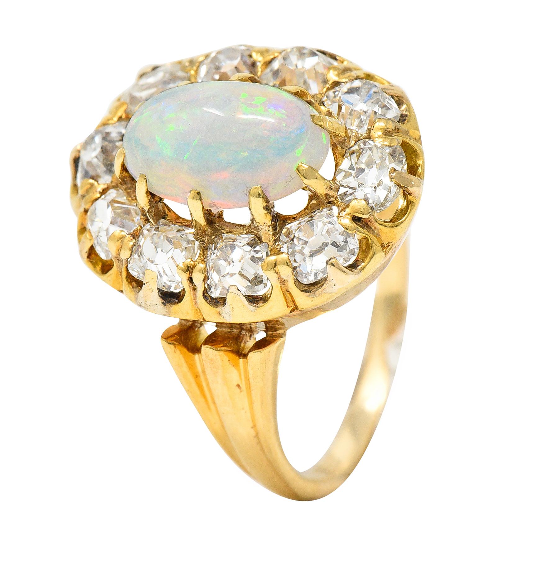 Victorian 1.50 Carats Old Mine Cut Diamond Opal 14 Karat Gold Antique Ring 2