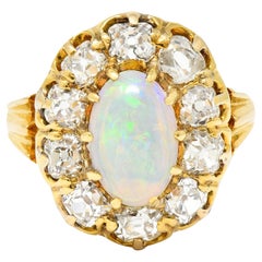 Victorian 1.50 Carats Old Mine Cut Diamond Opal 14 Karat Gold Antique Ring