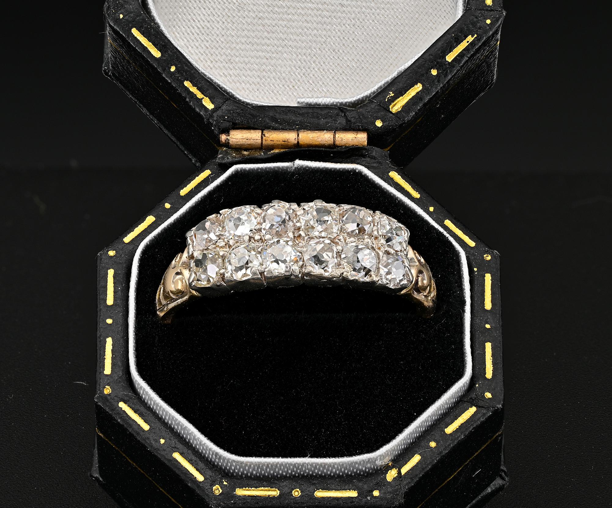 This very pretty Victorian perid ring is 1880 ca
Hand created at the time of solid 18 Kt with silver topping housing the Diamonds
Designed with two rows of old mine cut Diamonds, chunky individually cut- 12 Diamonds  for a total of approx 1.50 Ct 