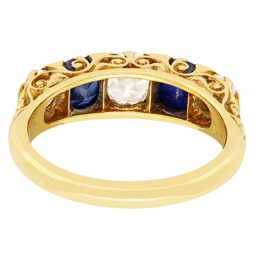 Old Mine Cut Victorian 1.50ct Diamond and Sapphire Five Stone Ring, c.1880s For Sale