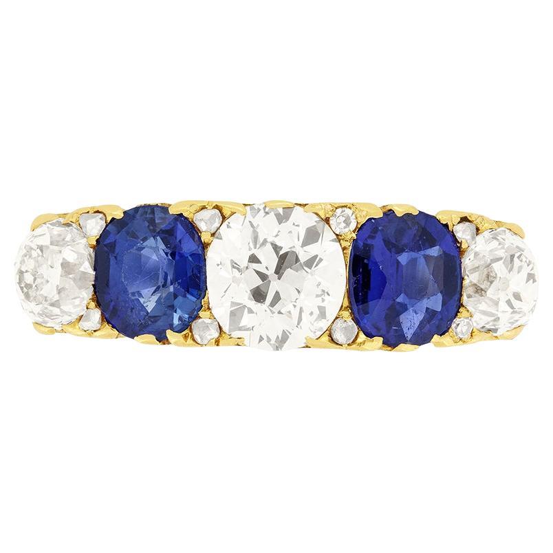 Victorian 1.50ct Diamond and Sapphire Five Stone Ring, c.1880s For Sale