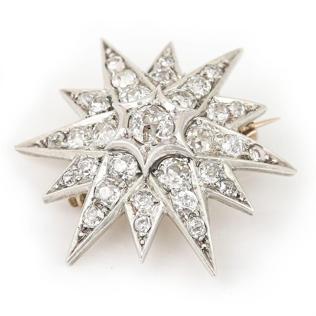 A wonderful Victorian diamond star or otherwise known as a ‘sunburst’ brooch dating from the late 19th century comprising of approx 1.50ct of Old Mine cut diamonds. This quaint brooch, measuring 32mm diameter is set in 18ct gold with a silver front,