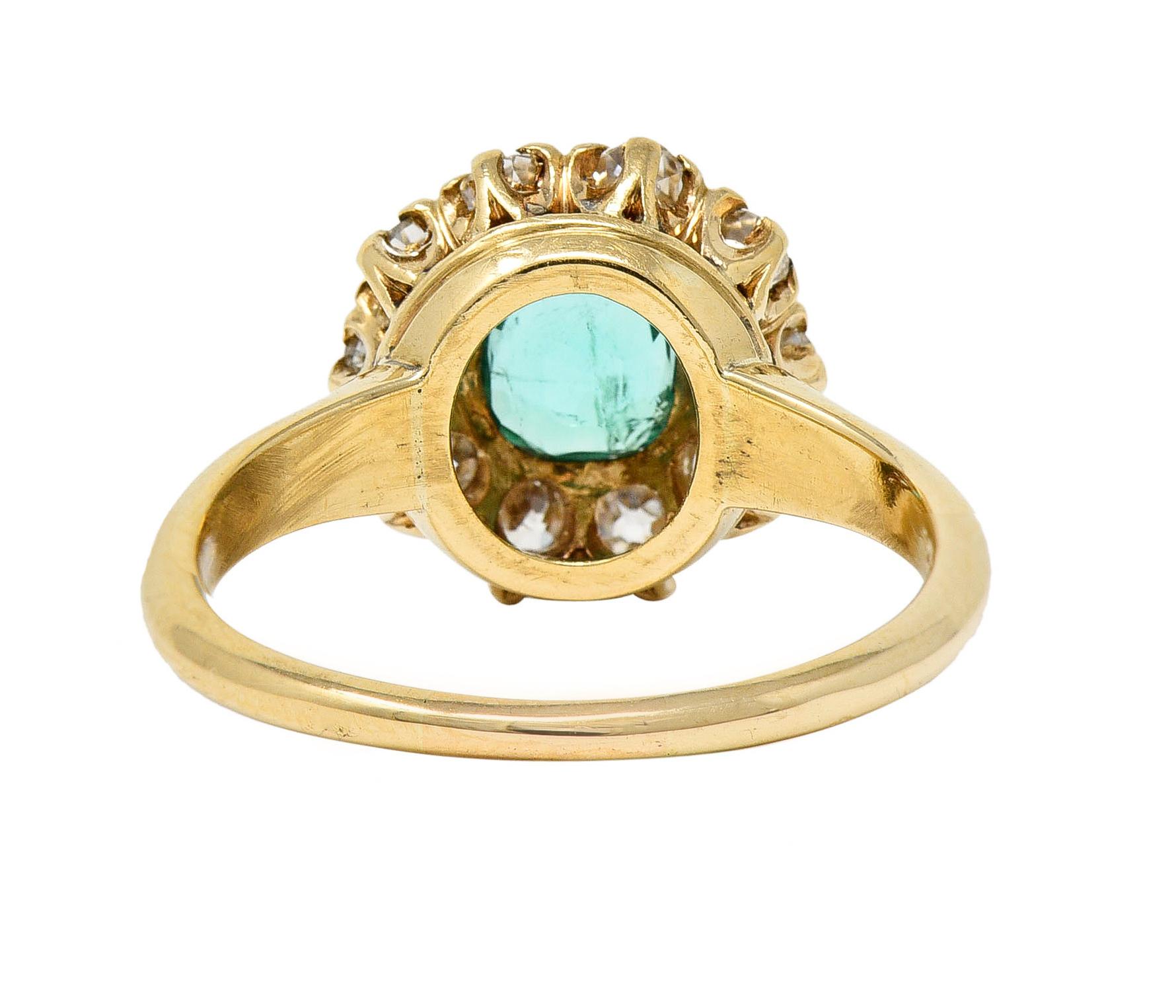 Women's or Men's Victorian 1.52 Carats Cushion Cut Emerald Diamond 14 Karat Yellow Gold Halo Ring