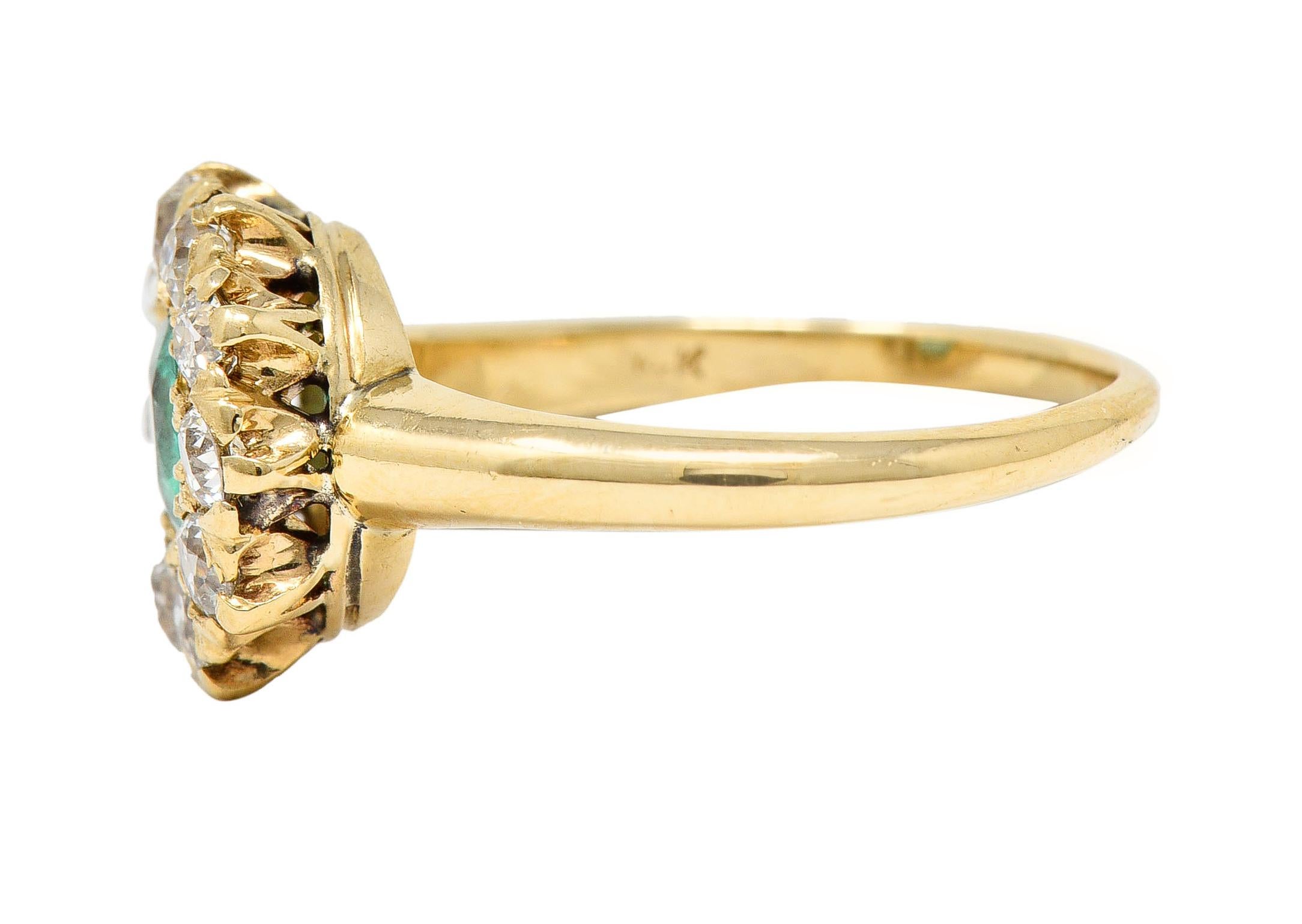 Victorian 1.52 Carats Cushion Cut Emerald Diamond 14 Karat Yellow Gold Halo Ring 1