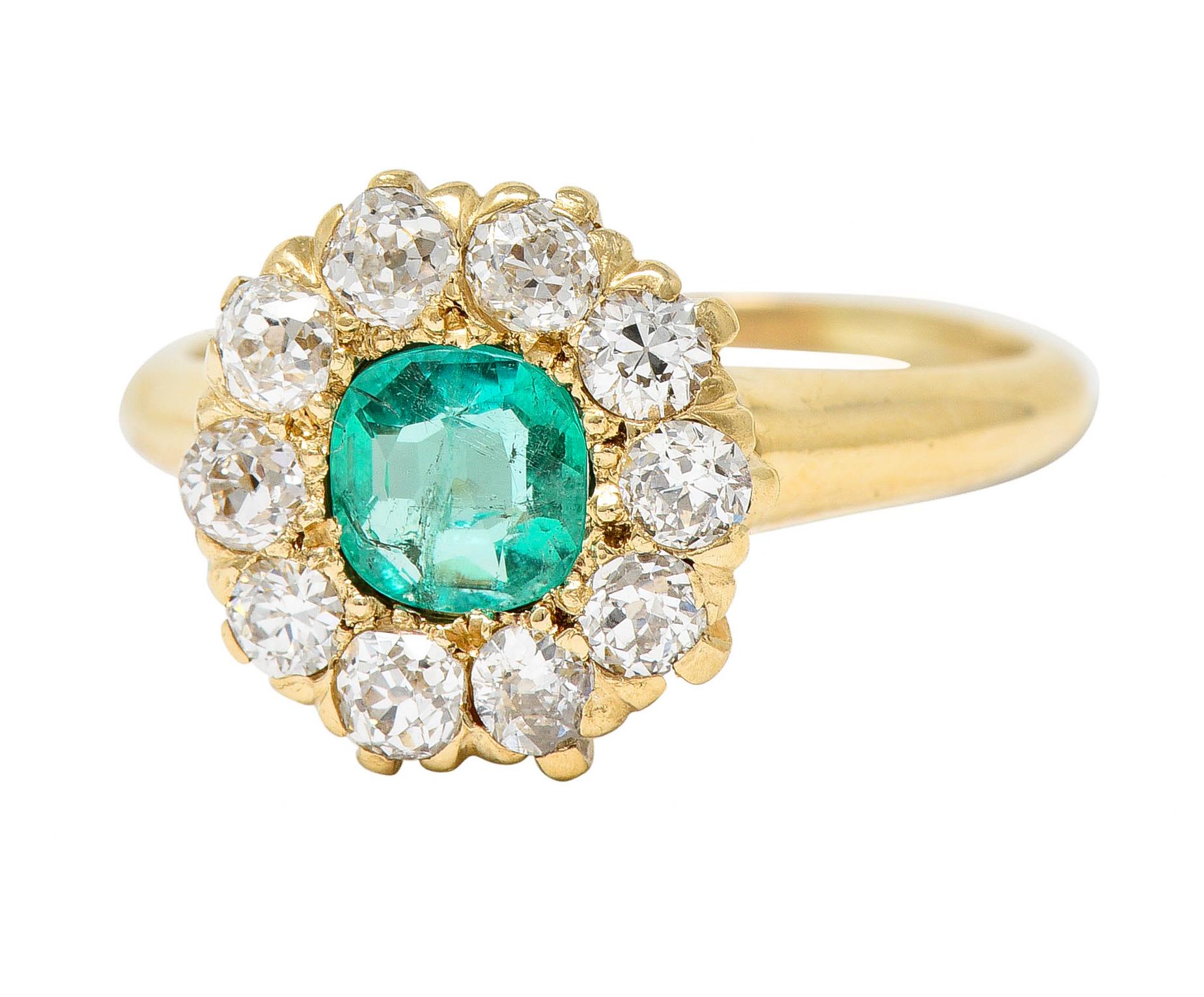 Victorian 1.52 Carats Cushion Cut Emerald Diamond 14 Karat Yellow Gold Halo Ring 2