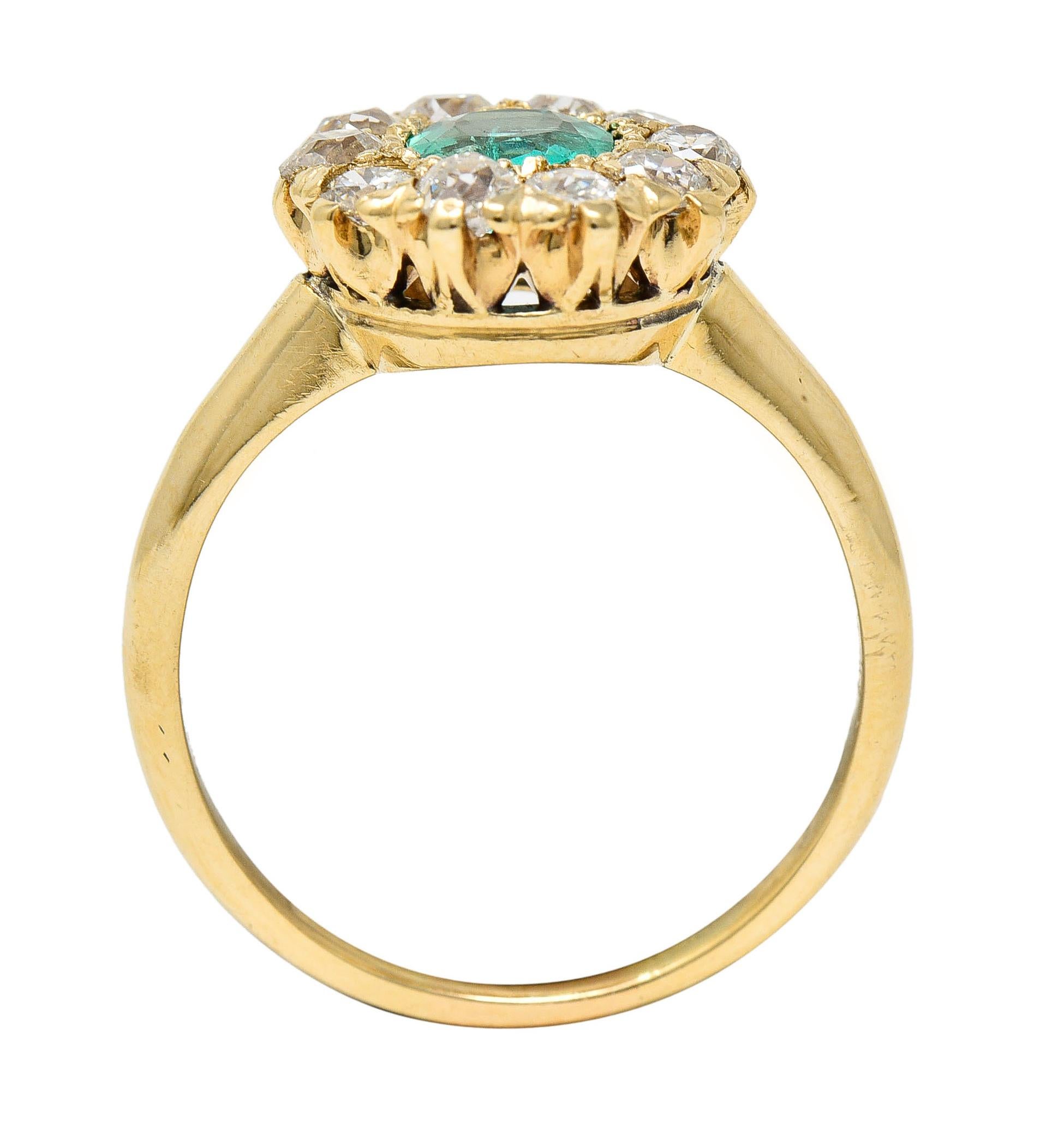 Victorian 1.52 Carats Cushion Cut Emerald Diamond 14 Karat Yellow Gold Halo Ring 4