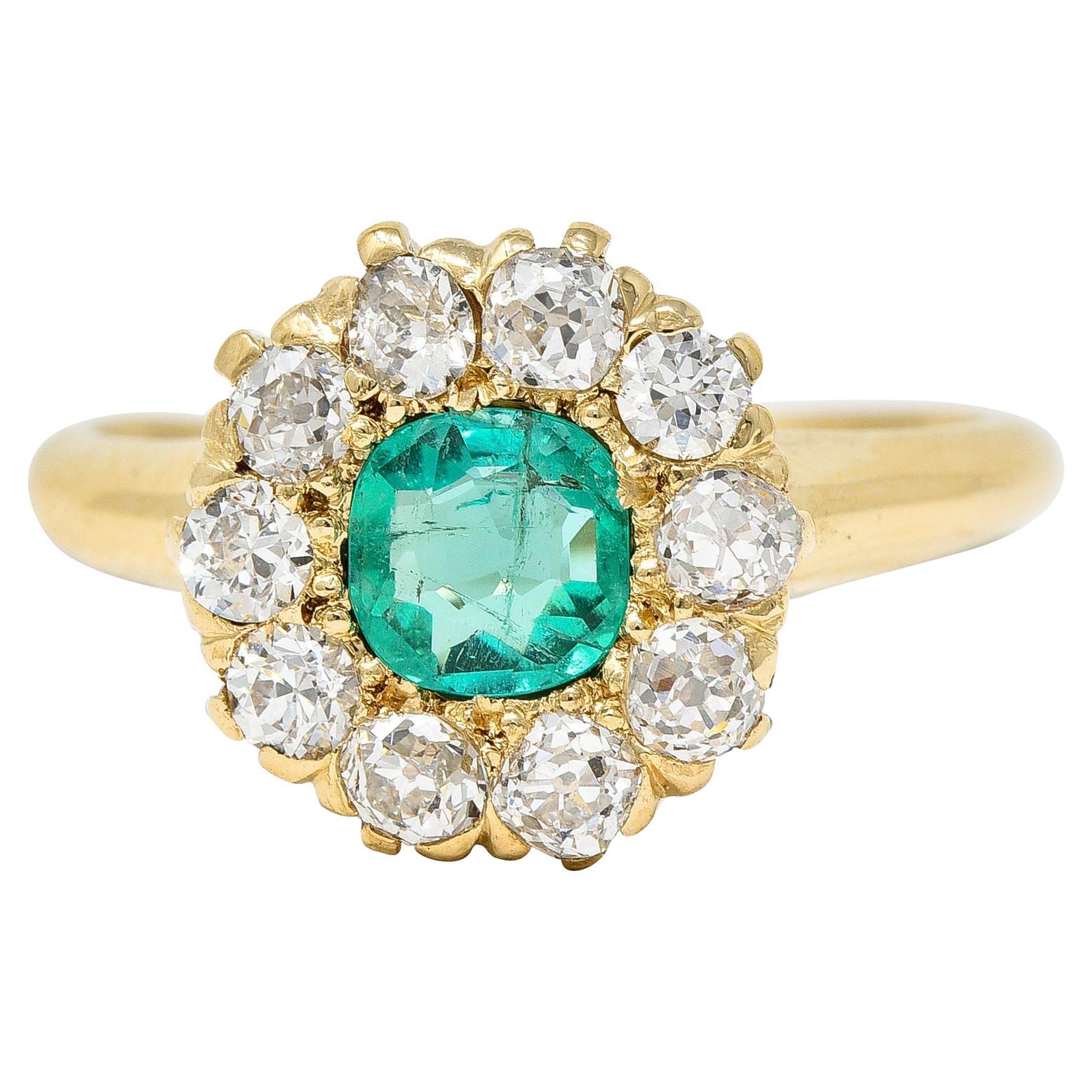 Victorian 1.52 Carats Cushion Cut Emerald Diamond 14 Karat Yellow Gold Halo Ring