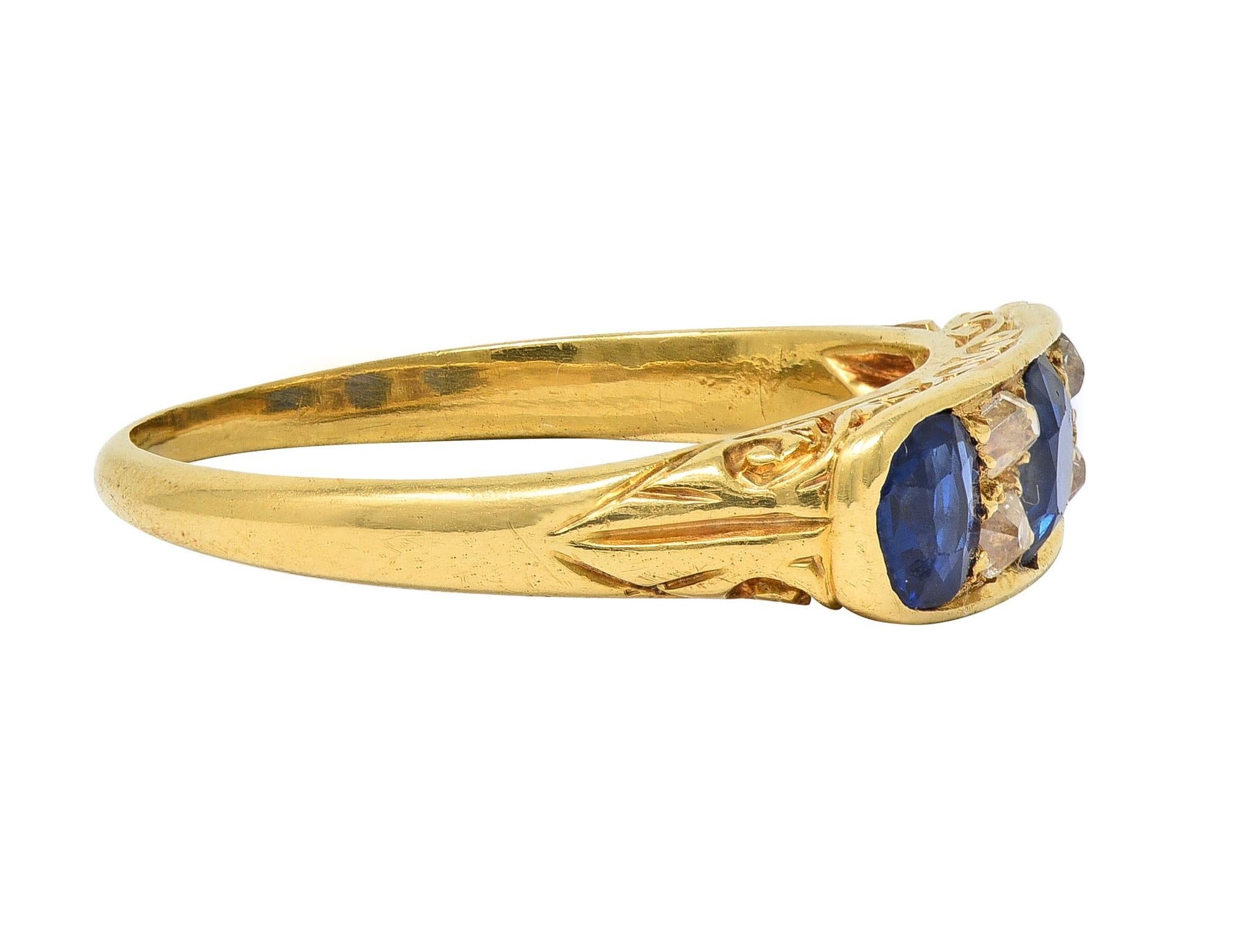 Round Cut Victorian 1.52 CTW Sapphire Diamond 18K Yellow Gold Antique Scroll Band Ring For Sale