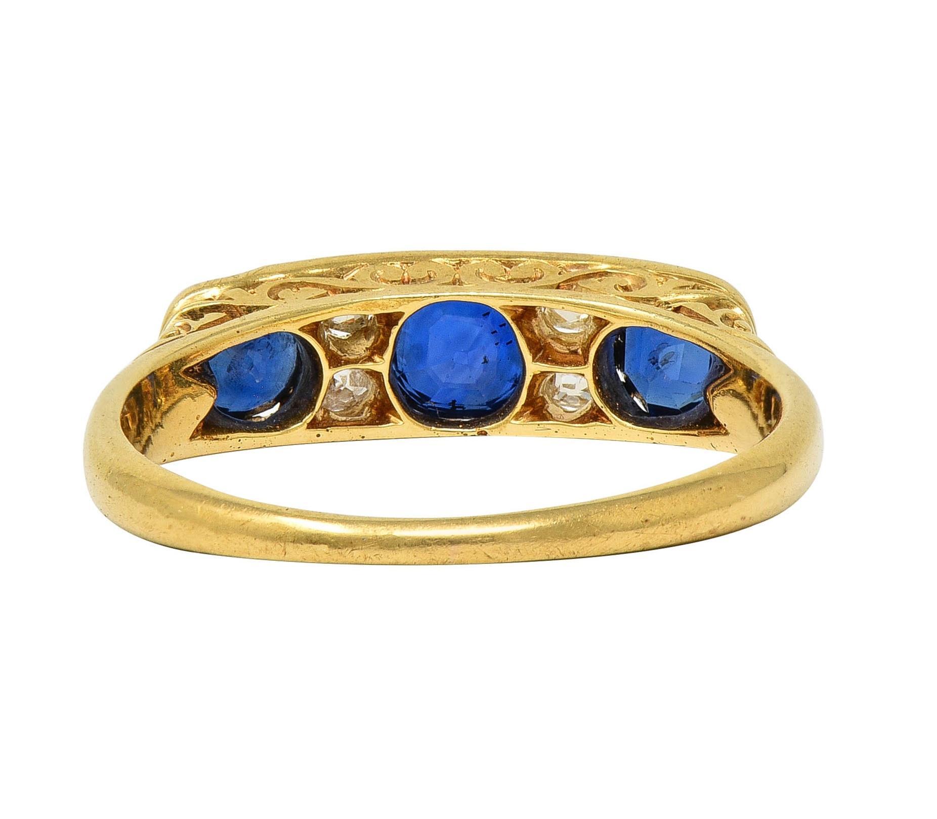Victorian 1.52 CTW Sapphire Diamond 18K Yellow Gold Antique Scroll Band Ring In Excellent Condition For Sale In Philadelphia, PA