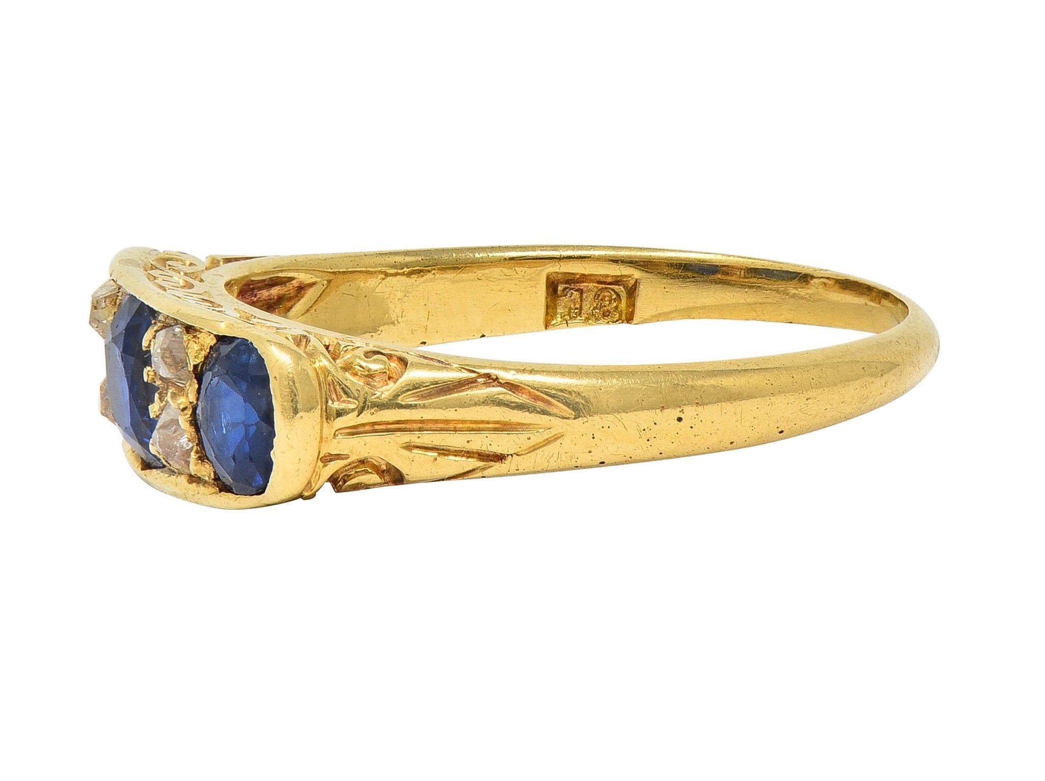 Women's or Men's Victorian 1.52 CTW Sapphire Diamond 18K Yellow Gold Antique Scroll Band Ring For Sale