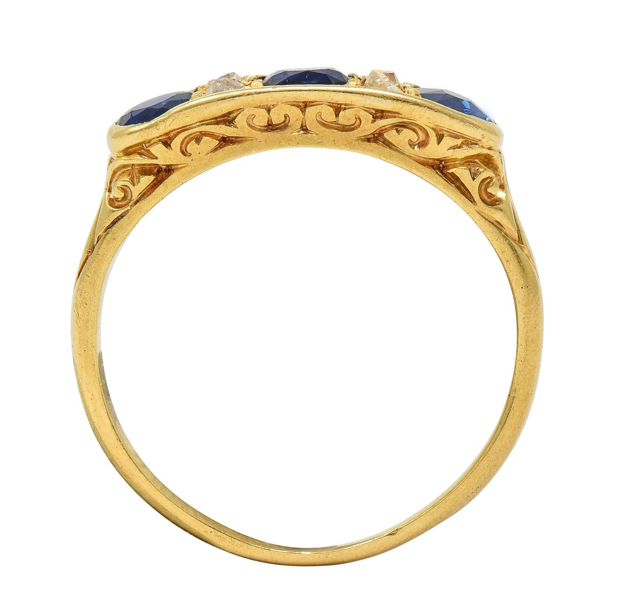 Victorian 1.52 CTW Sapphire Diamond 18K Yellow Gold Antique Scroll Band Ring For Sale 2