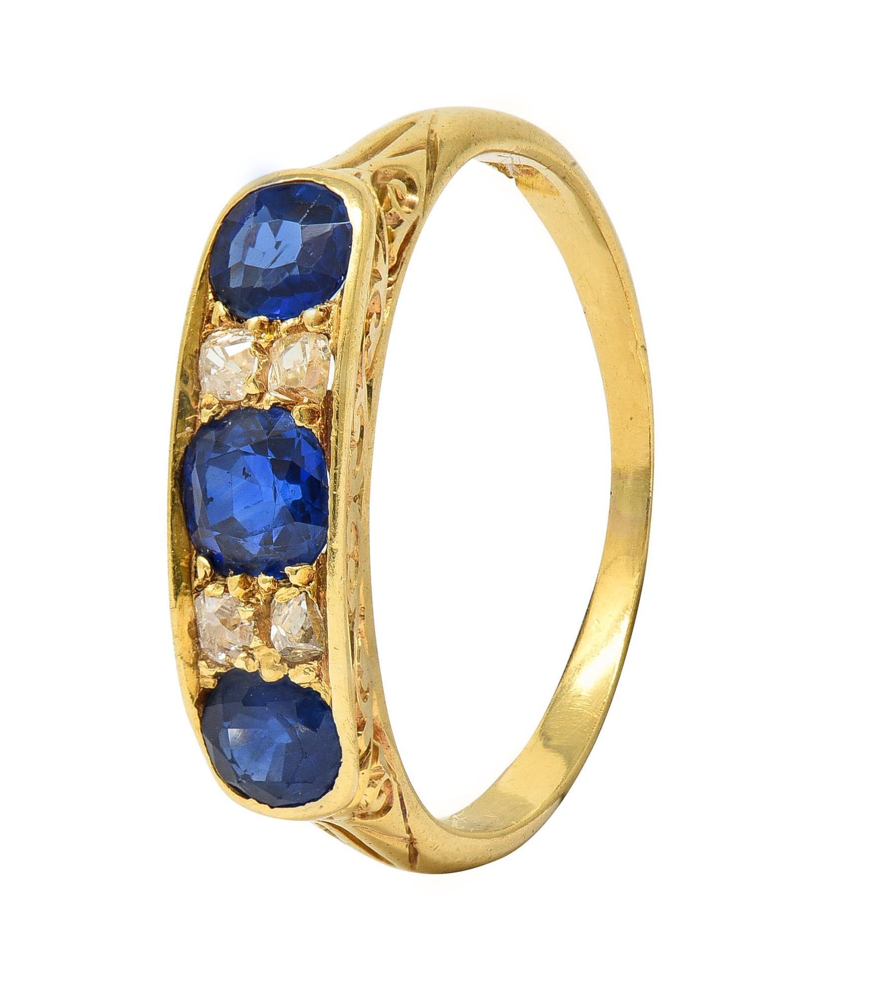 Victorian 1.52 CTW Sapphire Diamond 18K Yellow Gold Antique Scroll Band Ring For Sale 3