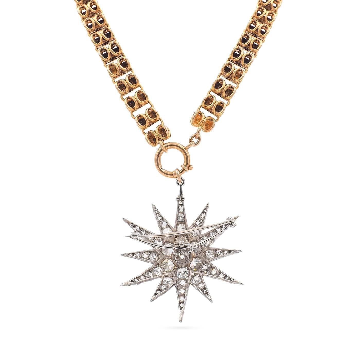 A magnificent Mid-Victorian Era 15.26 Carat Total Weight Old Cut Diamond Starburst Pin/Pendant composed of Silver. The Starburst pendant can also be worn as a brooch. The bail is retractable and the pin fitting is removable. The 14k yellow gold